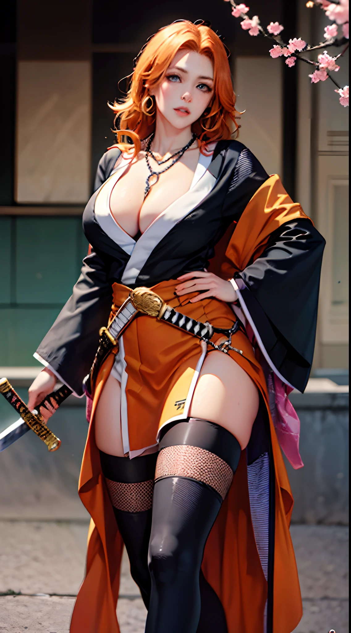 1girl, matsumoto rangiku, sword, long hair, orange hair, thighhighs, blue eyes, solo, necklace, cleavage, jewelry, holding weapon, holding, holding sword, japanese clothes, thighs, cherry blossoms, mole under mouth, katana, white thighhighs, large breasts, sash, sheath, between breasts, lips, wide sleeves, pelvic curtain, parted lips,(masterpiece),(best quality),Matsumoto Rangiku,sakimichan,add_detail:2, ((octane rendering)), fisheye