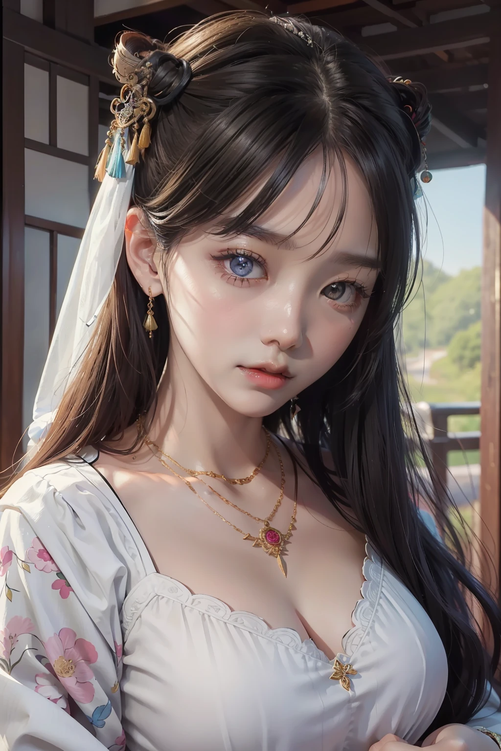 Close-up of a woman wearing a necklace and ring, a colorized photo inspired by Du Qiong, Tumblr, Realism, Guviz, Palace ， A girl in Hanfu, Chinese girl, Traditional beauty, Guviz-style artwork, Anime girl in real life, 8K)), kanliu666, wan adorable korean face，Super big breasts，exposed