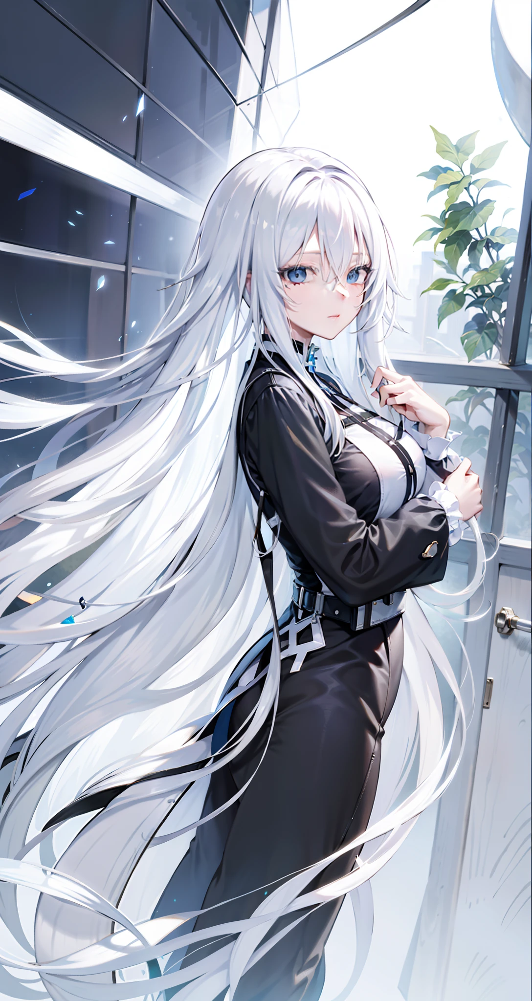 Anime girl standing in front of window with long white hair and blue eyes, Girl with white hair, Perfect white haired girl, white haired Cangcang, Anime girl with long hair, long  white hair, Kantai collection style, white haired lady, from girls frontline, white-haired god, with long white hair, girls frontline style, White-haired，There are scales on the face，has horns on its head