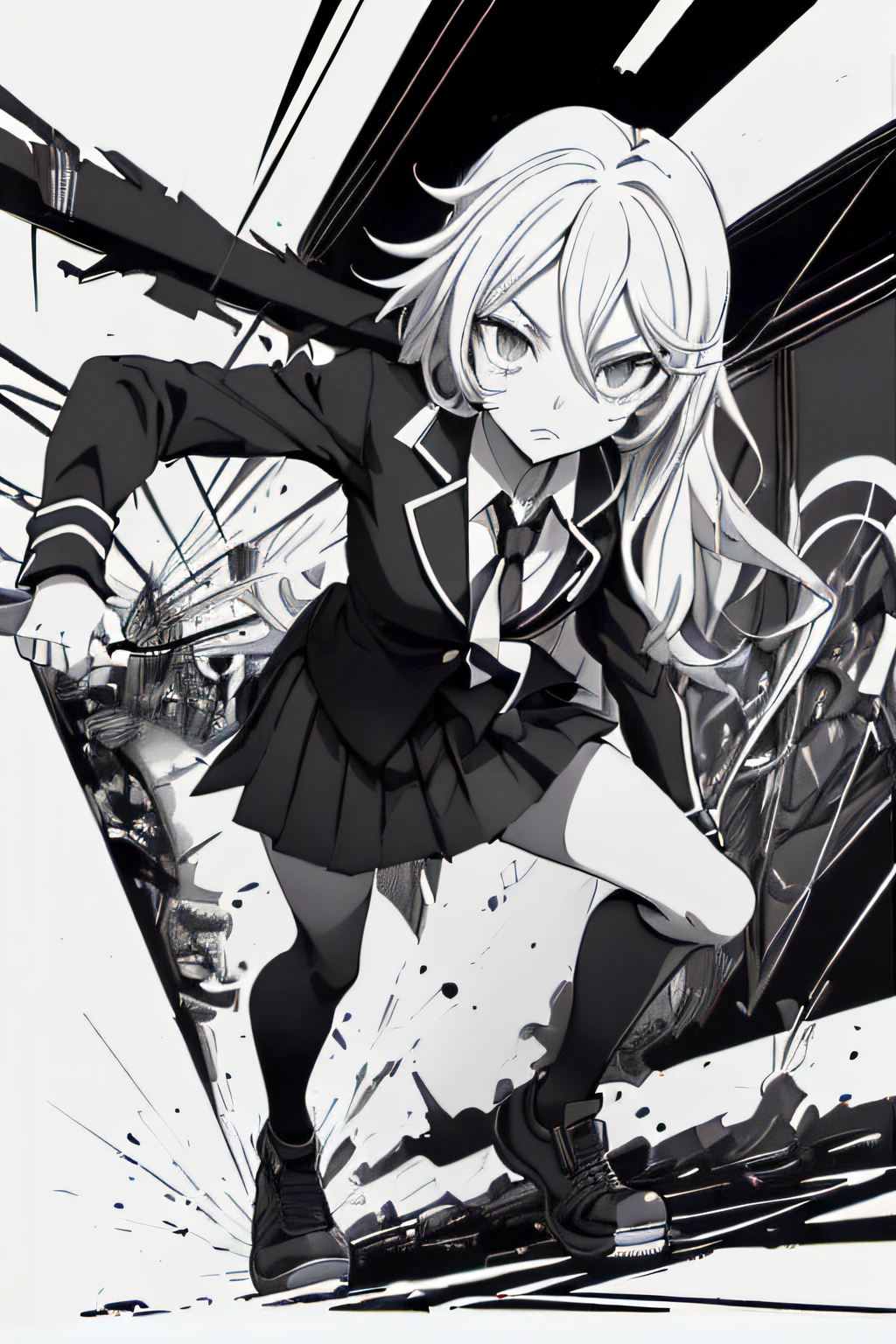 (Comic Noir Style),(linear art_Anime),(black-and-white_High contrast),(masutepiece, Best Quality, ),(Loravard Photos:1.2),(Lora Add Details:1.2),8K, Flat color:1.2,1girl in,hi-school girl、school  background、actionpose