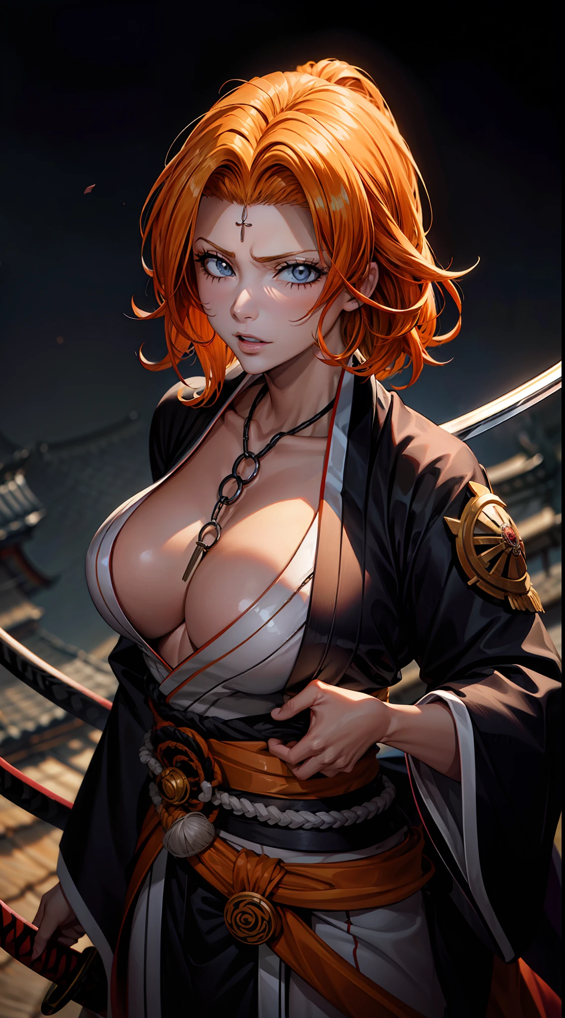 1girl, matsumoto rangiku, espada, cabelos longos, orange hair, coxas, olhos azuis, sozinho, colar, clivagem, jewelries, segurando arma, propriedade, segurando espada, Roupas japonesas aberta, kimono aberto, Coxas, Cereja, toupeira sob a boca, Katana, coxas brancas, (seios grandes), (seios a mostra), (sem calcinha), Detailed Lips,  female genital organ, vagina a mostra, separated-lips, (master part), (melhor qualidade),matsumoto rangiku,Sakimichan,adicionar_detalhe:2, ((octane rendering)), Fisheye (olhos detalhados), sexual