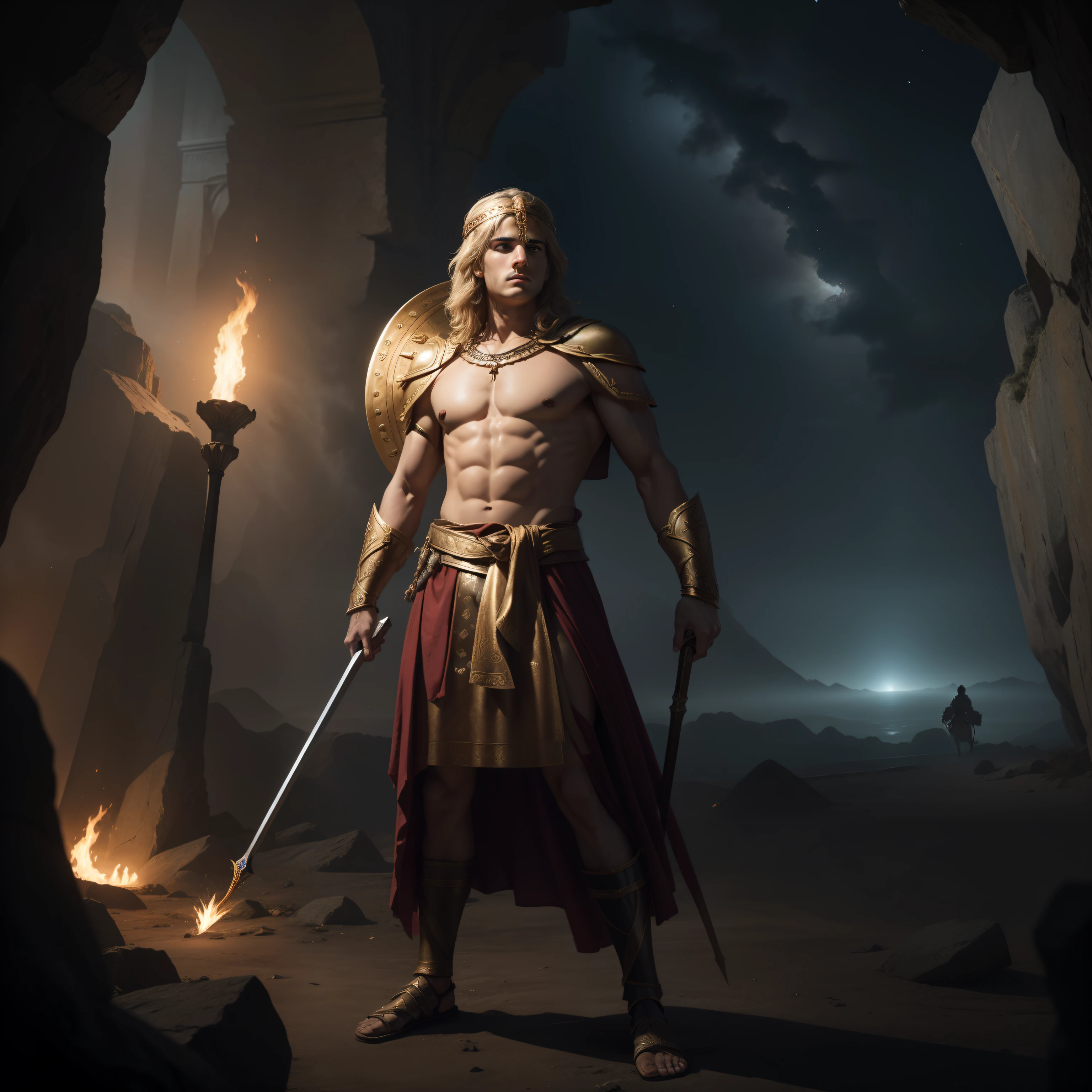 "In a realm of epic legends, behold the awe-inspiring tale of Alexander the Great, the fearless conqueror, unfolding before your eyes. Epic, legendary, and shrouded in mystery, immerse yourself in the dark atmosphere."
