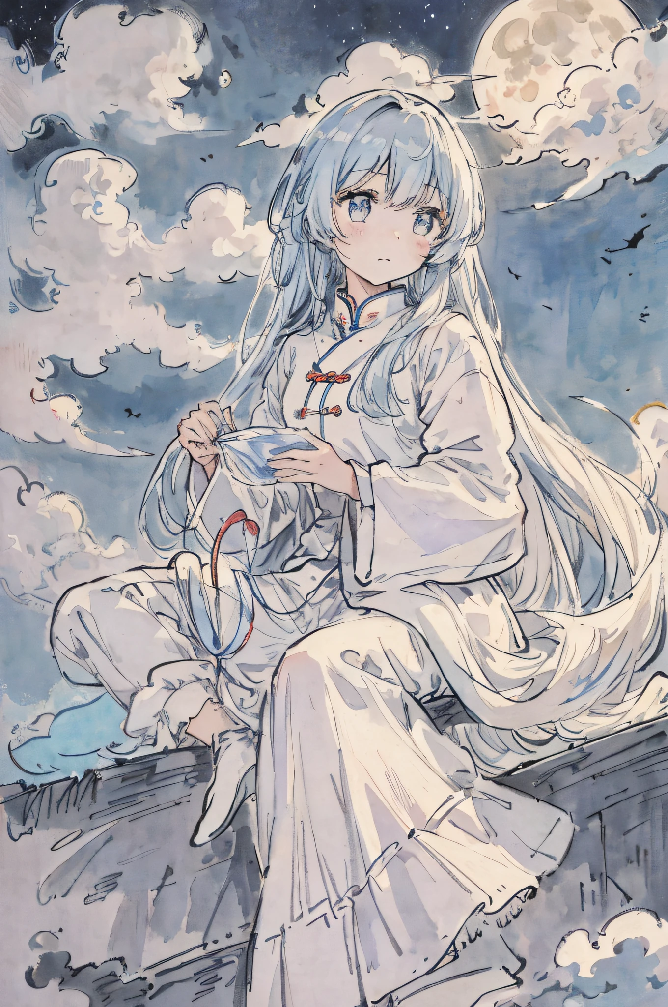tmasterpiece,Top quality,natta,moutains,Clouds,moon full,differential calculus,long whitr hair,Cute girl,is shy,glowworm。