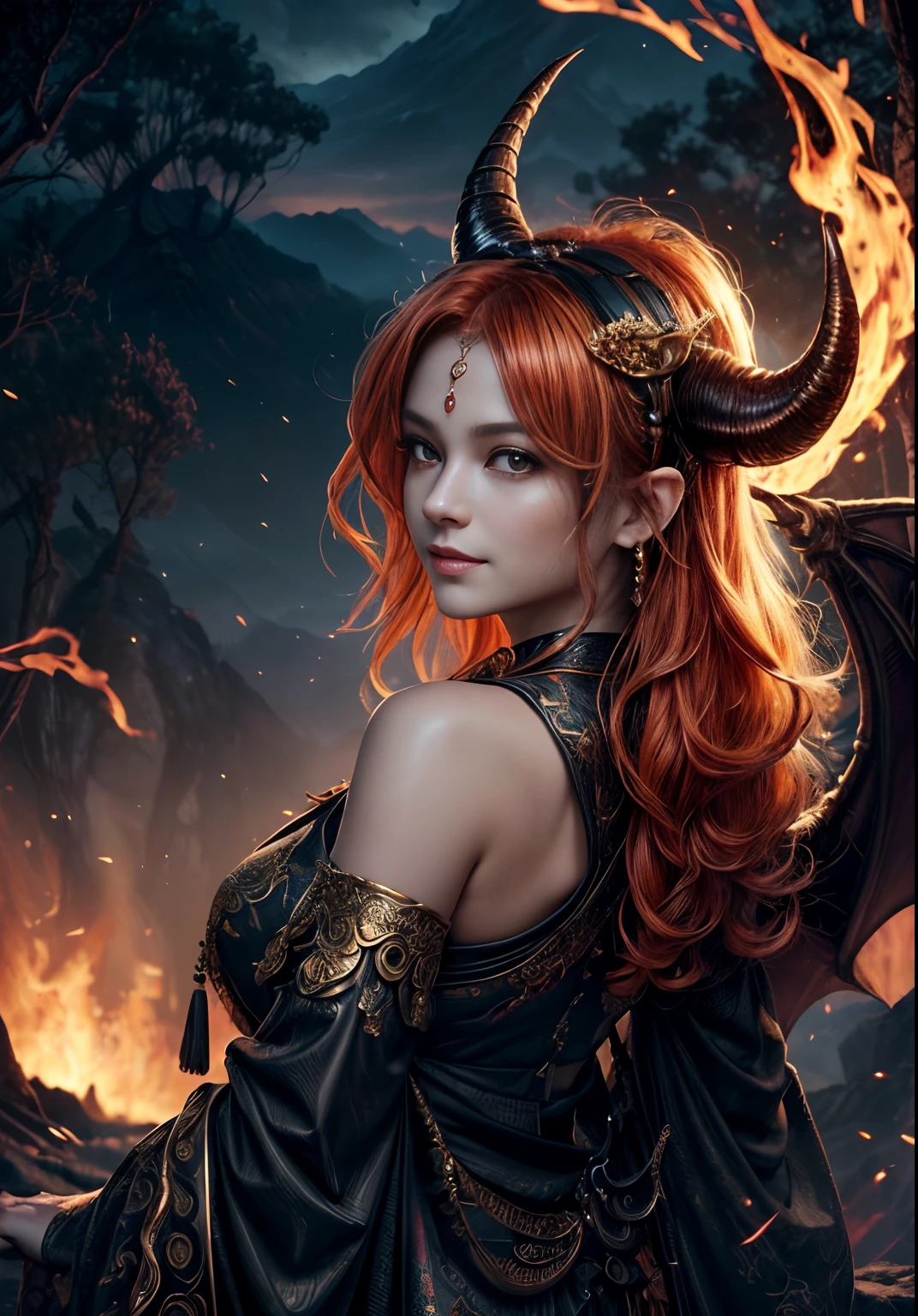 ((realisti, photo-realistic: 1.3), Smiling, Rejoices, Extremely refined and beautiful, astounding, finely detail, an intricate, (((dragon, Surrounded by flames, Black Mountains, the trees, magma, the wind, Long wavy body, hiquality, higly detailed, Epic))), particle fx, Dynamic Effects, Surround sound, Clouds, Sundown, sharp-focus, volumetric fog, 8K Ultra HD, dslr, hiquality, (film grains: 1.4), Fujifilm XT3,official arts, 统一 8k 壁纸, Super detailed, Beautiful and beautiful, beste-Qualit, (s fractal art: 1.4), intrikate, ultra detialed, (skin dentation), woman's, Detailed body, (Detailed Face: 1.1) Meditative Buddha Image, Absurd long hair, pale golden eyes, looking at the audience, Subtle patterns, gems, a gold, diamonds, thin feathers,,surround light, holiness, back light, On the contrary, Girl with horn ornament on her head, Girl with orange hair