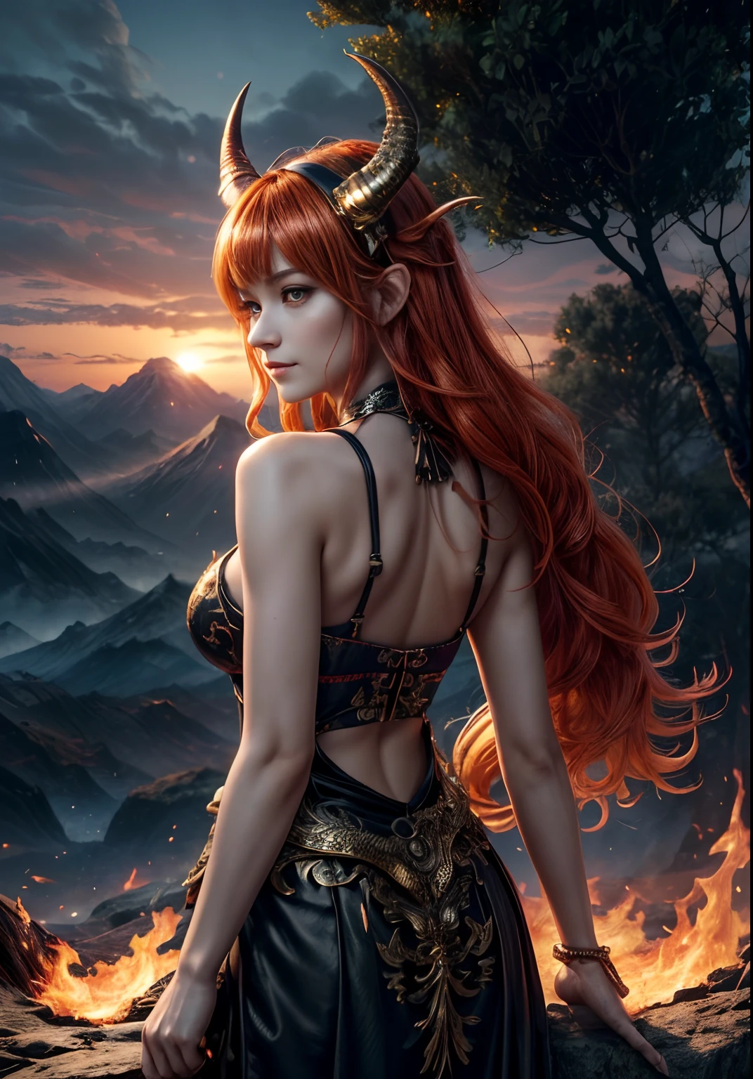 Girl with dragon wings, looks at the viewer, Behind the back are large wings, Large beautiful wings, ((realisti, photo-realistic: 1.3), Smiling, Rejoices, Extremely refined and beautiful, astounding, finely detail, an intricate, (((dragon, Surrounded by flames, Black Mountains, the trees, magma, the wind, Long wavy body, hiquality, higly detailed, Epic))), particle fx, Dynamic Effects, Surround sound, Clouds, Sundown, sharp-focus, volumetric fog, 8K Ultra HD, dslr, hiquality, (film grains: 1.4), Fujifilm XT3,official arts, 统一 8k 壁纸, Super detailed, Beautiful and beautiful, beste-Qualit, (s fractal art: 1.4), intrikate, ultra detialed, (skin dentation), woman's, Detailed body, (Detailed Face: 1.1) Meditative Buddha-figure, Absurd long hair, pale golden eyes, looking at the audience, Subtle patterns, gems, a gold, diamonds, thin feathers,,,,,surround light, holiness, back light, On the contrary, Girl with horn ornament on her head, Girl with orange hair