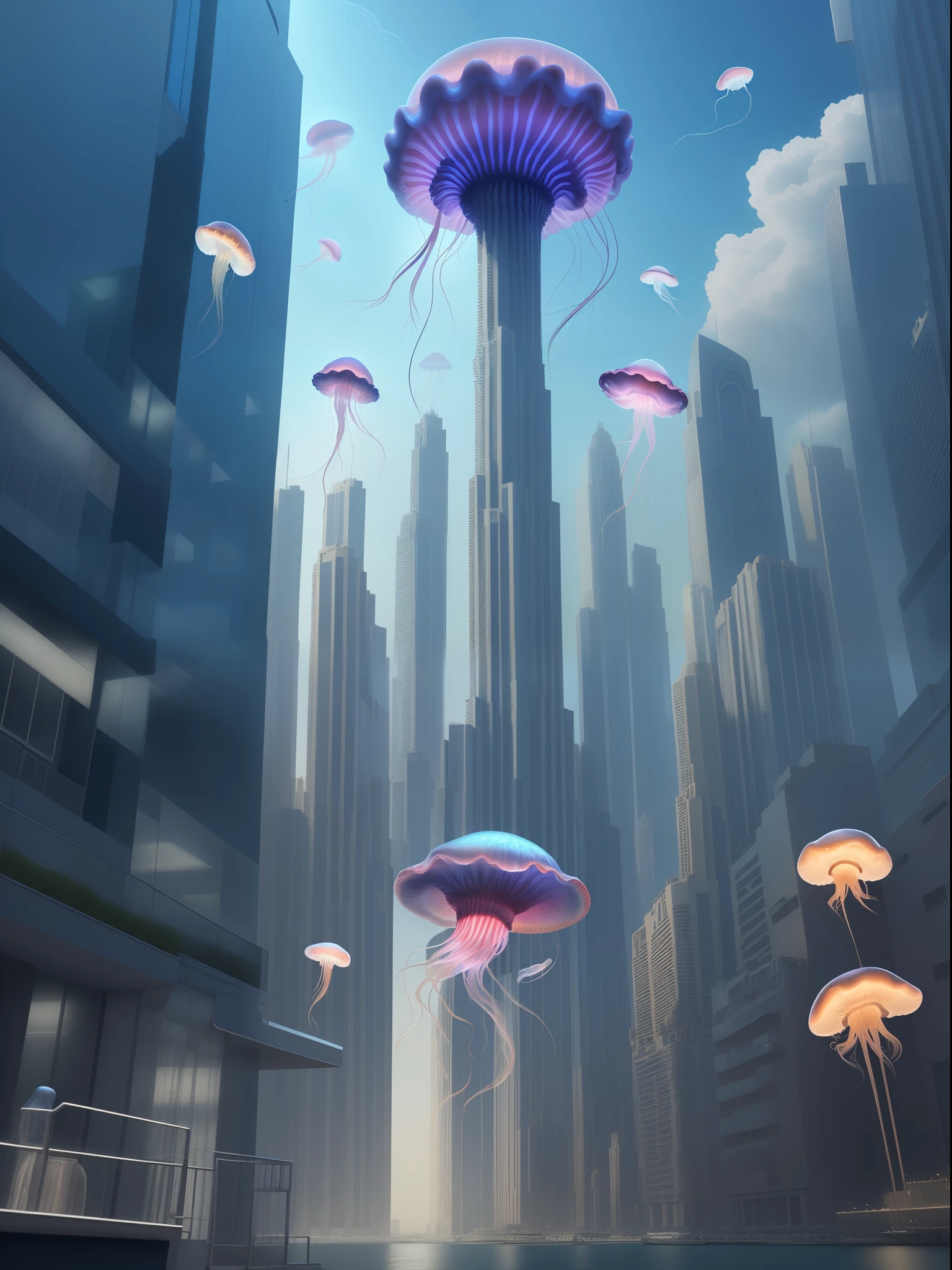 jellyfish flying in the city surrounding buildings in Dubai Photorealistic, Photorealism, Full-HD, 1080p, 16k, Realistic, Hyperrealistic, Hyper Real, digital