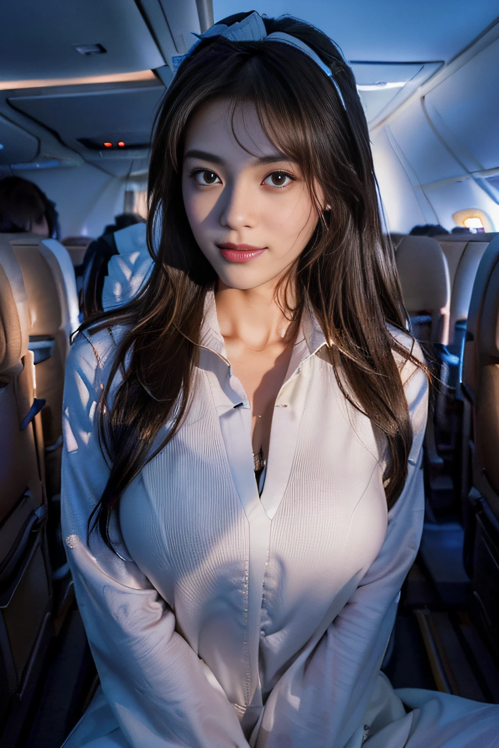 view from above, wide shot, 1 girl, (solo:1.5), (sit on a chair with your legs wide apart:1.5), ((((From the side, you can see the view outside the window and the airport. The customer seats are arranged in a row behind the flight attendant seats. The bright lights shine inside the plane))), The background of the interior of the aircraft being prepared, the woman is sitting in the flight attendant seat and preparing for takeoff. Her outfit is a pretty flight attendant. she unbuttons her white shirt and reveals a bra. she wears a skirt, upskirt with pantyhose and white panties. His body is wet with sweat. Her skin looks smooth, she has taken an aphrodisiac, and her whole body is sweaty and flushed, and she is spreading her legs to cool off. Her legs are lifted, (ahegao:1.2), (head back:1.2)