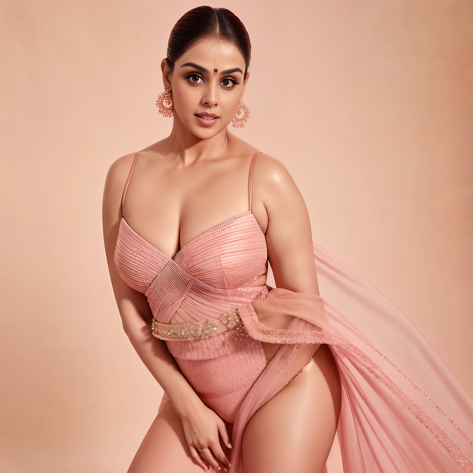 A cute actress genelid posing gracefully, her flawless silhouette accentuated by elegant lighting and lens effects. ((In the style of a fashion magazine cover)), with a ((focus on the curvaceous lines)) of her body, exuding both confidence and sensuality.