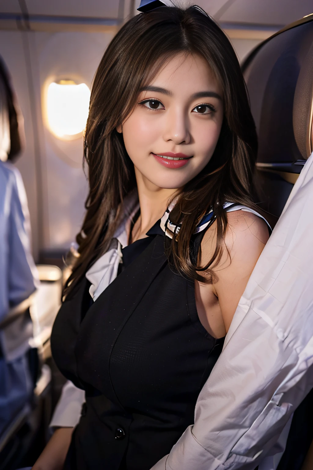((beatiful japanse girl:1.3)) (((large breasts:1.2)) ((close-up:1.2))  best quality,masterpiece,ultra high res,(photorealistic:1.4),raw photo,(Authentic skin texture:1.3),(film grain:1.3),panorama,character portrait,very wide shot,narrow waist,cowboy shot,(in the dark, deep shadow, low key, cold light,) night,(()),streaming tears,,dust,Tyndall effect,(expression),1girl,beautiful detailed eyes and face,white jabot,brown eyes,((brown hair:1.2))   ((smile:1.3)) ((full body:1.2)) ((flight attendant:1.4)) ((in the airplane:1.3)) ((long hair))