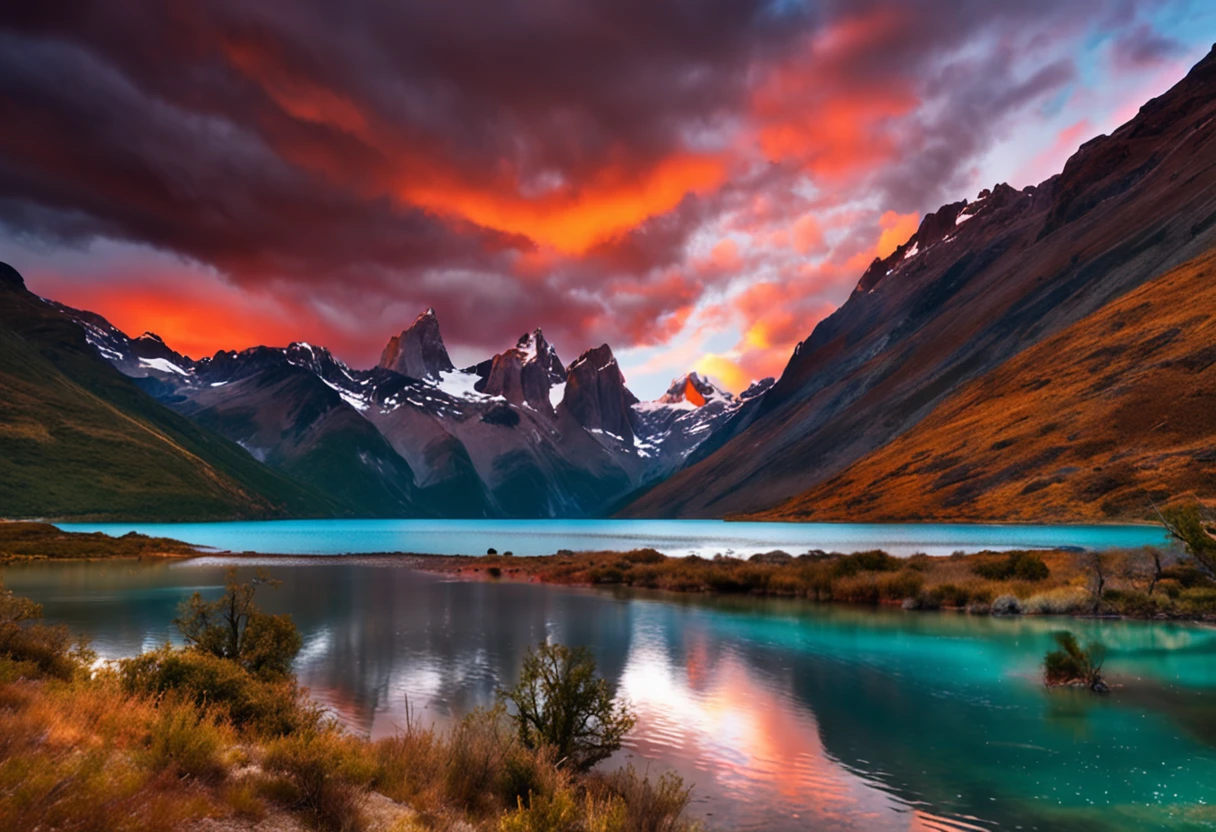 a view of a lake with mountains in the background, patagonian, extraordinary colorful landscape, epic beautiful landscape, majestic nature scenery, mountains and colorful sunset!!, dramatic mountains in background, spectacular mountains, chile, epic and stunning, incredibly beautiful, natural landscape beauty, an amazing landscape image, fantastic landscape, majestic landscape, dramatic mountain background, beautiful scenic landscape, amazing landscape, sunset, glowing lens flares,