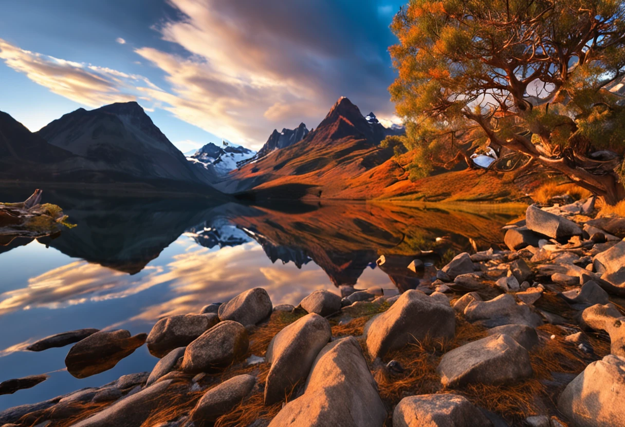 a view of a lake with mountains in the background, patagonian, extraordinary colorful landscape, epic beautiful landscape, majestic nature scenery, mountains and colorful sunset!!, dramatic mountains in background, spectacular mountains, chile, epic and stunning, incredibly beautiful, natural landscape beauty, an amazing landscape image, fantastic landscape, majestic landscape, dramatic mountain background, beautiful scenic landscape, amazing landscape, sunset, glowing lens flares,