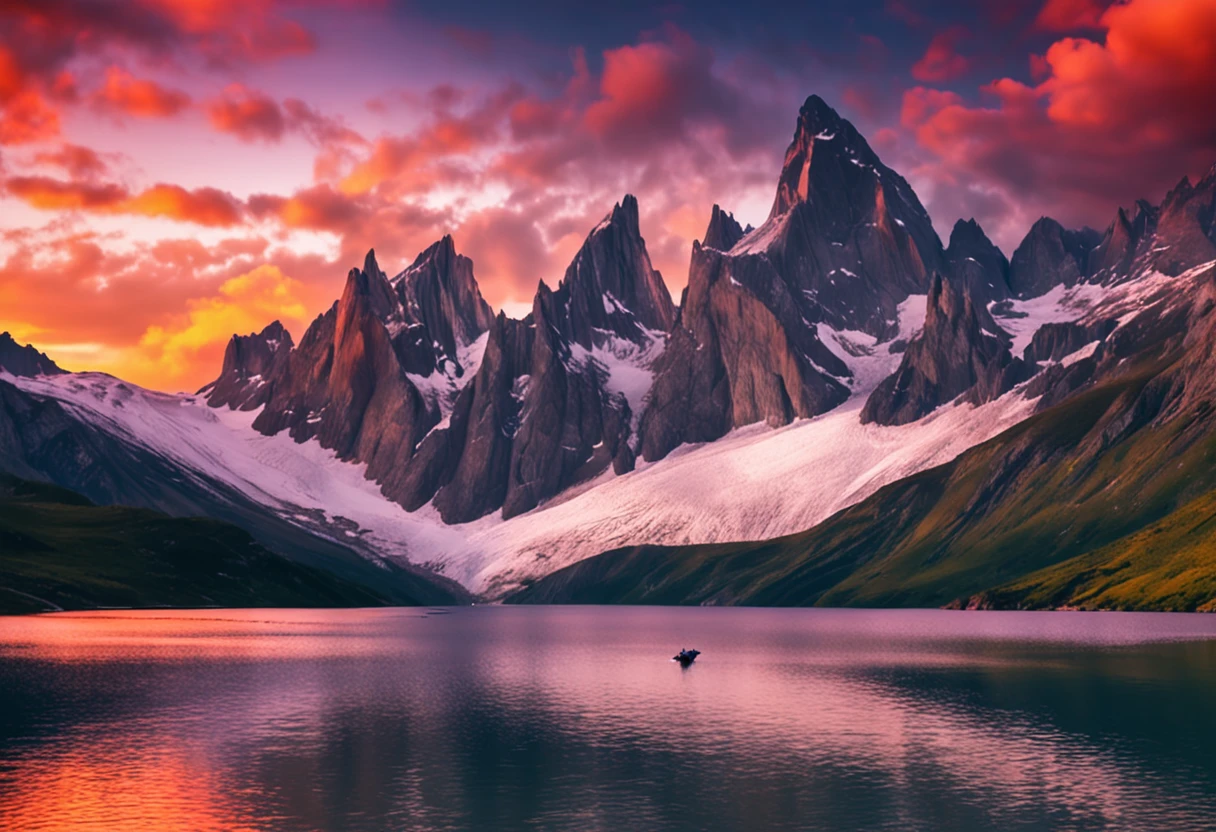 a view of a lake with mountains in the background, patagonian, extraordinary colorful landscape, epic beautiful landscape, majestic nature scenery, mountains and colorful sunset!!, dramatic mountains in background, spectacular mountains, chile, epic and stunning, incredibly beautiful, natural landscape beauty, an amazing landscape image, fantastic landscape, majestic landscape, dramatic mountain background, beautiful scenic landscape, amazing landscape, sunset, glowing lens flares,