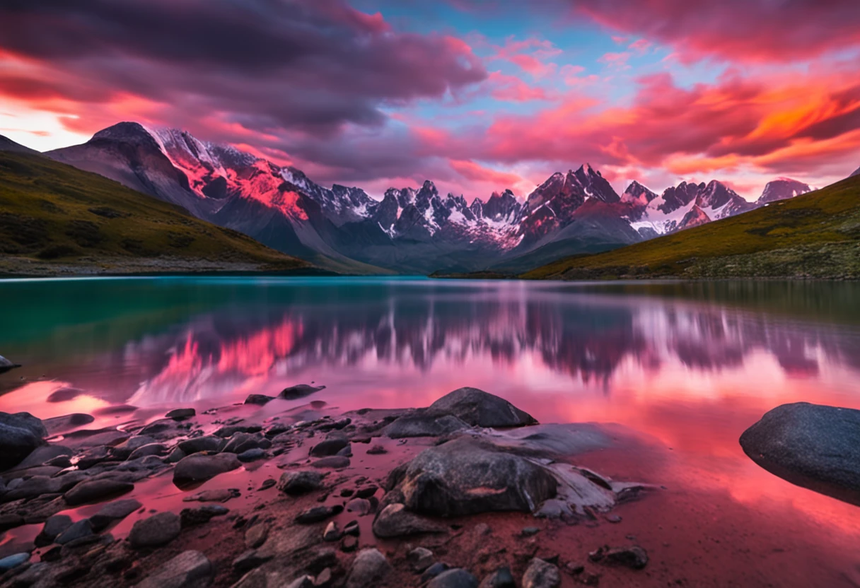 a view of a lake with mountains in the background, patagonian, extraordinary colorful landscape, epic beautiful landscape, majestic nature scenery, mountains and colorful sunset!!, dramatic mountains in background, spectacular mountains, chile, epic and stunning, incredibly beautiful, natural landscape beauty, an amazing landscape image, fantastic landscape, majestic landscape, dramatic mountain background, beautiful scenic landscape, amazing landscape, sunset, glowing lens flares,