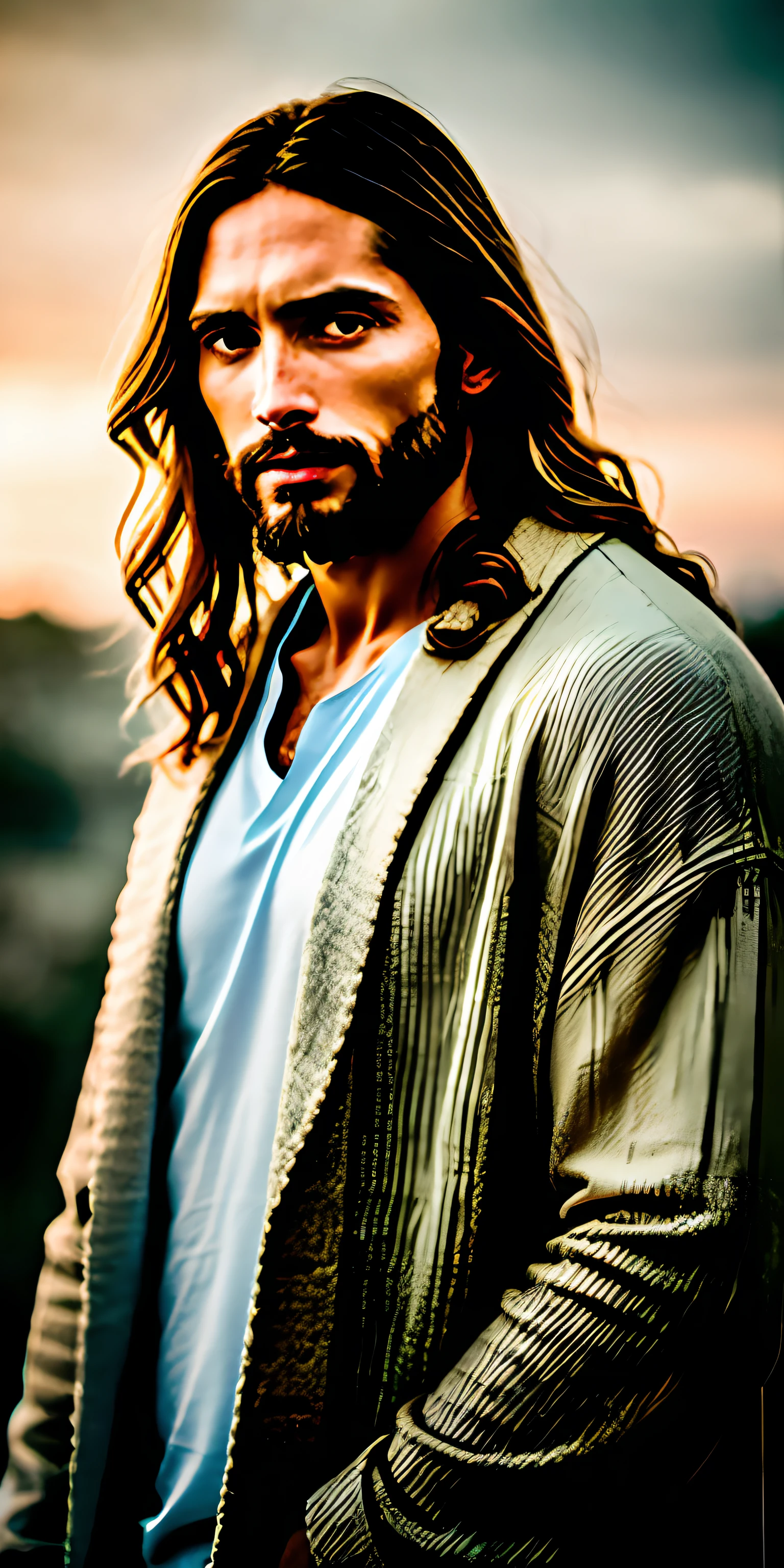 portrait of modern day Jesus, cinematic lighting, depth of field, bokeh, realism, photorealistic, hyperrealism, professional photography, uhd, dslr, hdr