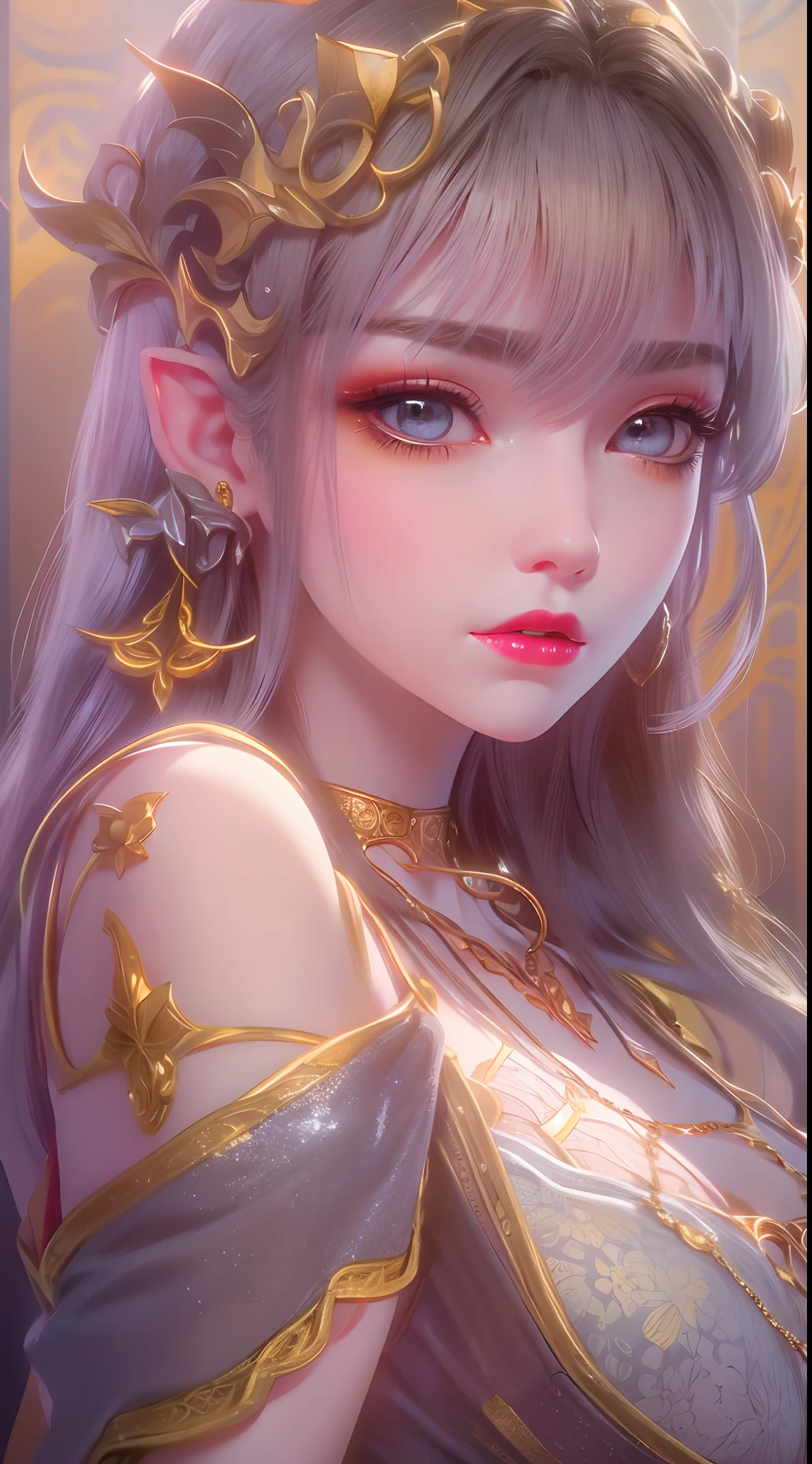 1 20 year old girl, 1 goddess Athena, pink purple silk dress, beautiful goddess Athena face without blemishes, delicate yellow nightgown, long thin sequin nightgown with many sexy black lace details, 1 beautiful thin red silk cloth half veil, female saint legend, female saint icon, beautiful goddess style glitter, dark and mysterious version, vermilion lips, plump red lips, not smiling, mouth closed, delicate and beautiful pino detailing, delicate and beautiful lip detail, , (pure and flawless face: 1.9), female saint body, round chest, big and round breasts, phoenix brooch, long flat bangs, (7-color rainbow hair: 1.9), flower stickers tattoo on forehead, beautiful clear face and well-proportioned eyes, (transparent yellow eyes: 1.8), (big round eyes and makeup, sexy wet eye makeup, very beautiful and meticulous hair makeup, long and delicate blonde hair, delicate, body image: 1.8), figure: and vivid, (stars that make up the sky: 1.7), (the sky of heaven and the fictitious gate of time and space: 1.8), fictional art, RAW photos, hanfu photos, best photos, high resolution, best quality, best photos, best goddess quality, 8k female, super 8 single saint portraits, truest color schemes, masterpieces, best beauty brands, best hair jewelry, brand real photo, dark studio, border light, two-tone lighting, (rose white skin: 1.4), (high skin detail: 1.1), 8k uhd, d slr, soft light, 8k, high quality, candid, volume Smooth and sharp, 10x pixel increase, sexy goddess, sexy goddess, (background space: 1.8), (most beautiful aurora eyes: 1.7), beautiful eyes, aurora beautiful and flowery, (beautiful single girl: 1.8), (more details:0.8),