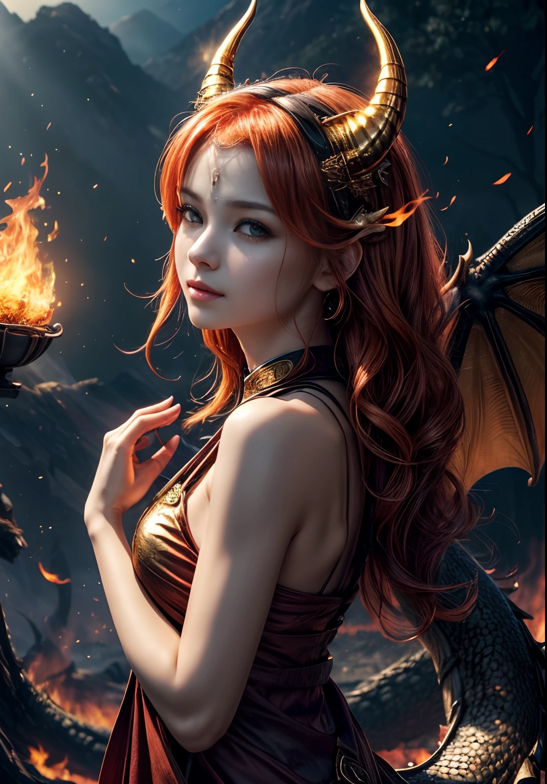 Girl with dragon wings, Large beautiful wings, ((realisti, photo-realistic: 1.3), Smiling, Rejoices, Extremely refined and beautiful, astounding, finely detail, an intricate, (((dragon, Surrounded by flames, Black Mountains, the trees, magma, the wind, Long wavy body, hiquality, higly detailed, Epic))), particle fx, Dynamic Effects, Surround sound, Clouds, Sundown, sharp-focus, volumetric fog, 8K Ultra HD, dslr, hiquality, (film grains: 1.4), Fujifilm XT3,official arts, 统一 8k 壁纸, Super detailed, Beautiful and beautiful, beste-Qualit, (s fractal art: 1.4), intrikate, ultra detialed, (skin dentation), woman's, Detailed body, (Detailed Face: 1.1) Meditative Buddha Image, Absurd long hair, pale golden eyes, looking at the audience, Subtle patterns, gems, a gold, diamonds, thin feathers,,,,surround light, holiness, back light, On the contrary, Girl with horn ornament on her head, Girl with orange hair