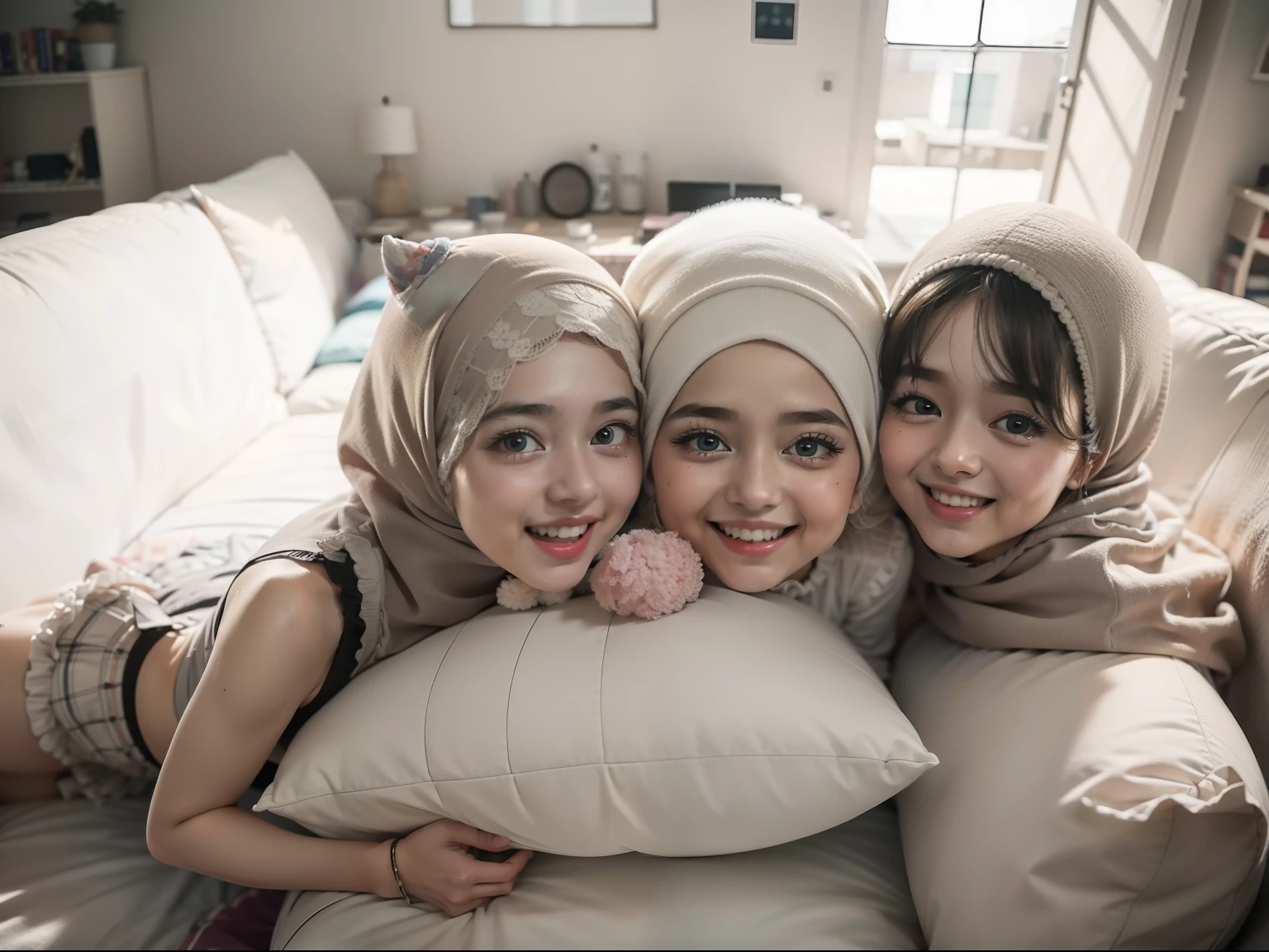 3 malay girls, (happy smile, laughing: 1.3), 8k, RAW portrait of malay girls with pompom plain hijab, 80mm, ultra high resolution, top quality, break wearing bra and high waist short pleated skirt, top view, (looking up at the viewer from below), big, modern grey pastel living room, bed, sitting on fluffy couch with many big cute pillow, many cute pillow, break (natural skin texture, detailed skin, hyper-realism, super sharpness), intricate details, high resolution, natural light, cheerful environment, pastel color,