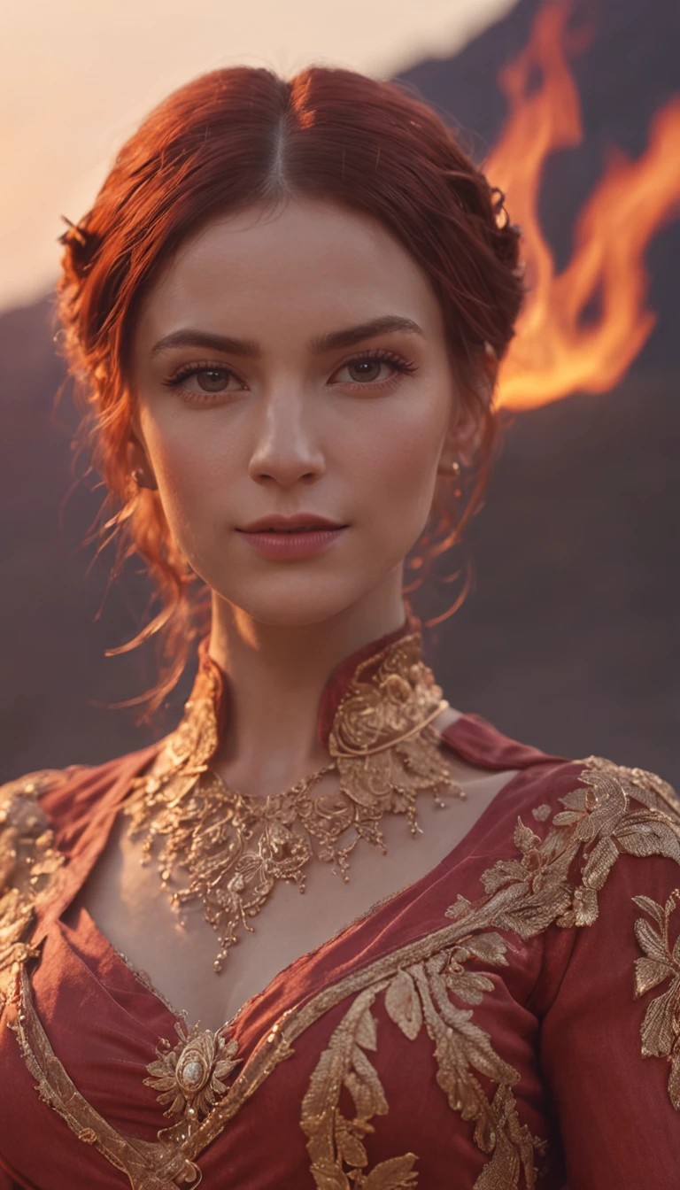 full scene of mountains and a small phoenix of fire in the center of the image, full body, full scene, landscape, glowing shadows, many fire sparks, beautiful gradient, dark background, depth of field, clean image, high quality, high detail, high definition, Luminous Studio graphics engine, unreal engine, octane renderer, vibrant realistic cinematic