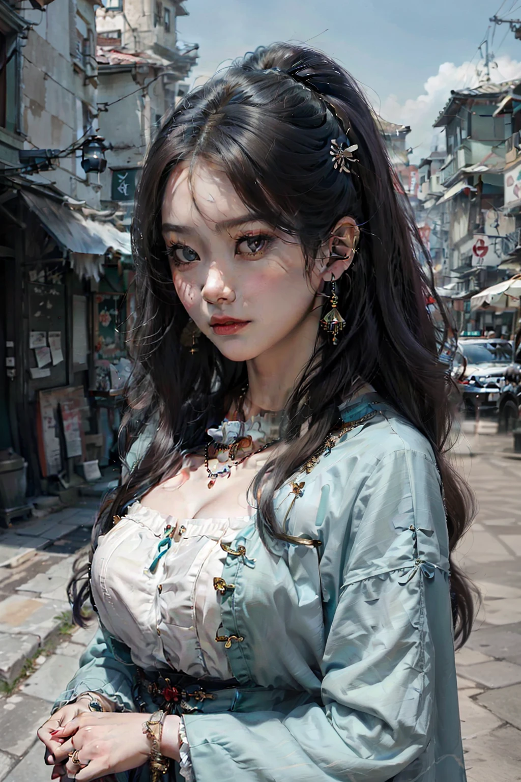 Close-up of a woman wearing a necklace and ring, a colorized photo inspired by Du Qiong, Tumblr, Realism, Guviz, Palace , A girl in Hanfu, Chinese girl, Traditional beauty, Guviz-style artwork, Anime girl in real life, 8K)), kanliu666, wan adorable korean face,Super big breasts,exposed。