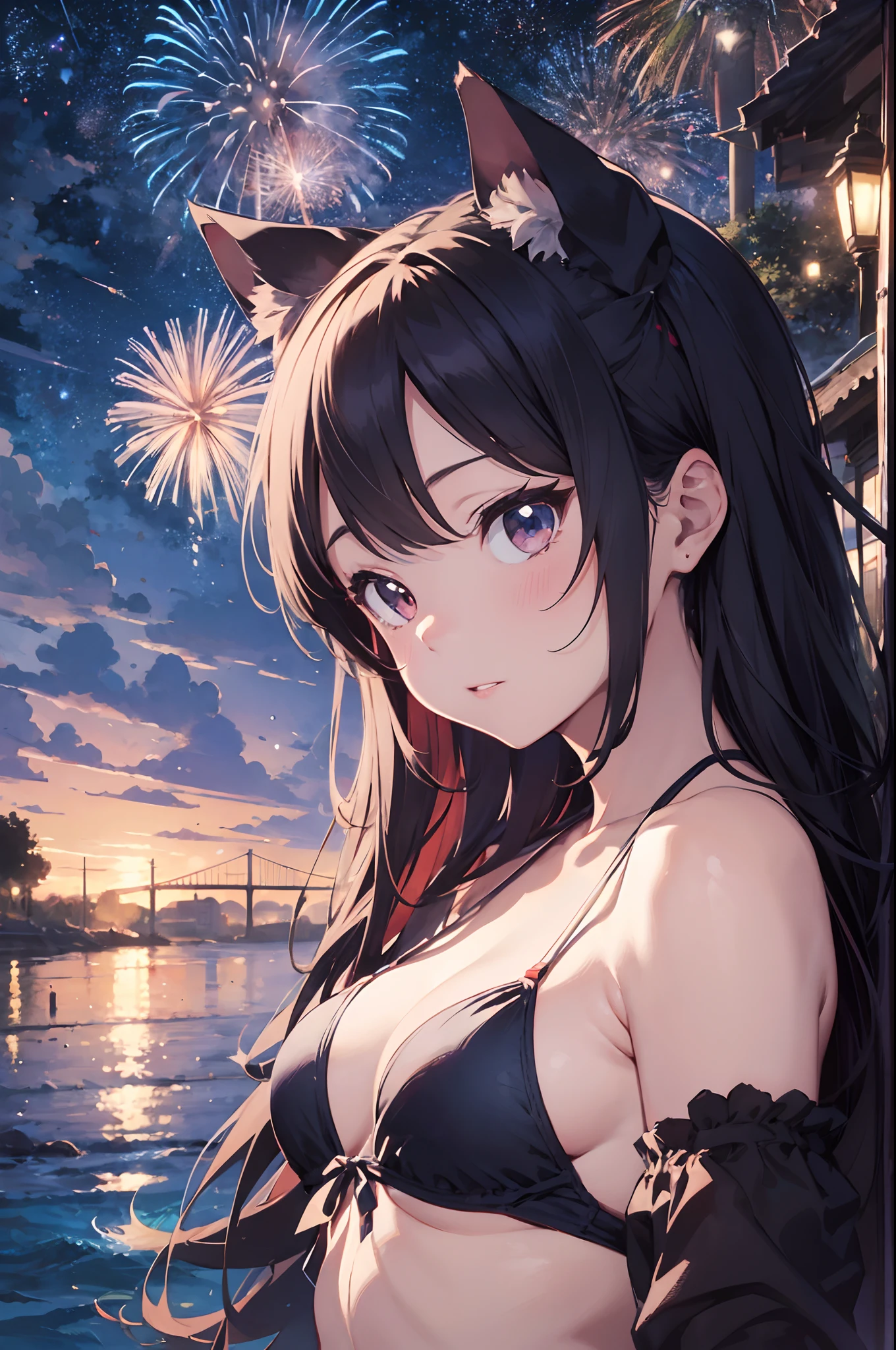 Anime cat-eared girl in bikini with cat ears, shoulder looking, anime drawing by Yang J, pixiv contest winner, serial art, digital anime illustration, kawashi, anime style illustration, anime style 4K, beautiful anime portrait, anime style portrait, anime style artwork, Guweiz style artwork, Anime Illustration, Digital Anime Art, Detailed Digital Anime Art, Beautiful Starry Sky, Fireworks