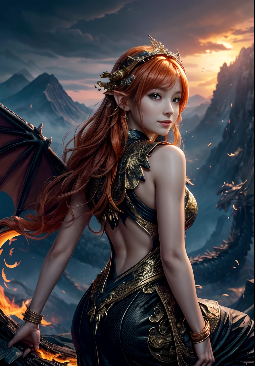 Girl with dragon wings, looks at the viewer, Behind the back are large wings, Large beautiful wings, ((realisti, photo-realistic: 1.3), Smiling, Rejoices, Extremely refined and beautiful, astounding, finely detail, an intricate, (((dragon, Surrounded by flames, Black Mountains, the trees, magma, the wind, Long wavy body, hiquality, higly detailed, Epic))), particle fx, Dynamic Effects, Surround sound, Clouds, Sundown, sharp-focus, volumetric fog, 8K Ultra HD, dslr, hiquality, (film grains: 1.4), Fujifilm XT3,official arts, 统一 8k 壁纸, Super detailed, Beautiful and beautiful, beste-Qualit, (s fractal art: 1.4), intrikate, ultra detialed, (skin dentation), woman's, Detailed body, (Detailed Face: 1.1) Meditative Buddha-figure, Absurd long hair, pale golden eyes, looking at the audience, Subtle patterns, gems, a gold, diamonds, thin feathers,,,,,surround light, holiness, back light, On the contrary, Girl with horn ornament on her head, Girl with orange hair