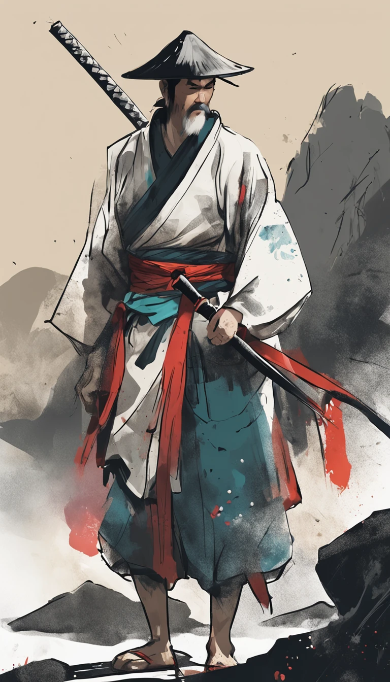 Man with a Sword,Simple painting style,Sumi-e,Traditional painting techniques of Japan,Soio,Anime concept art
