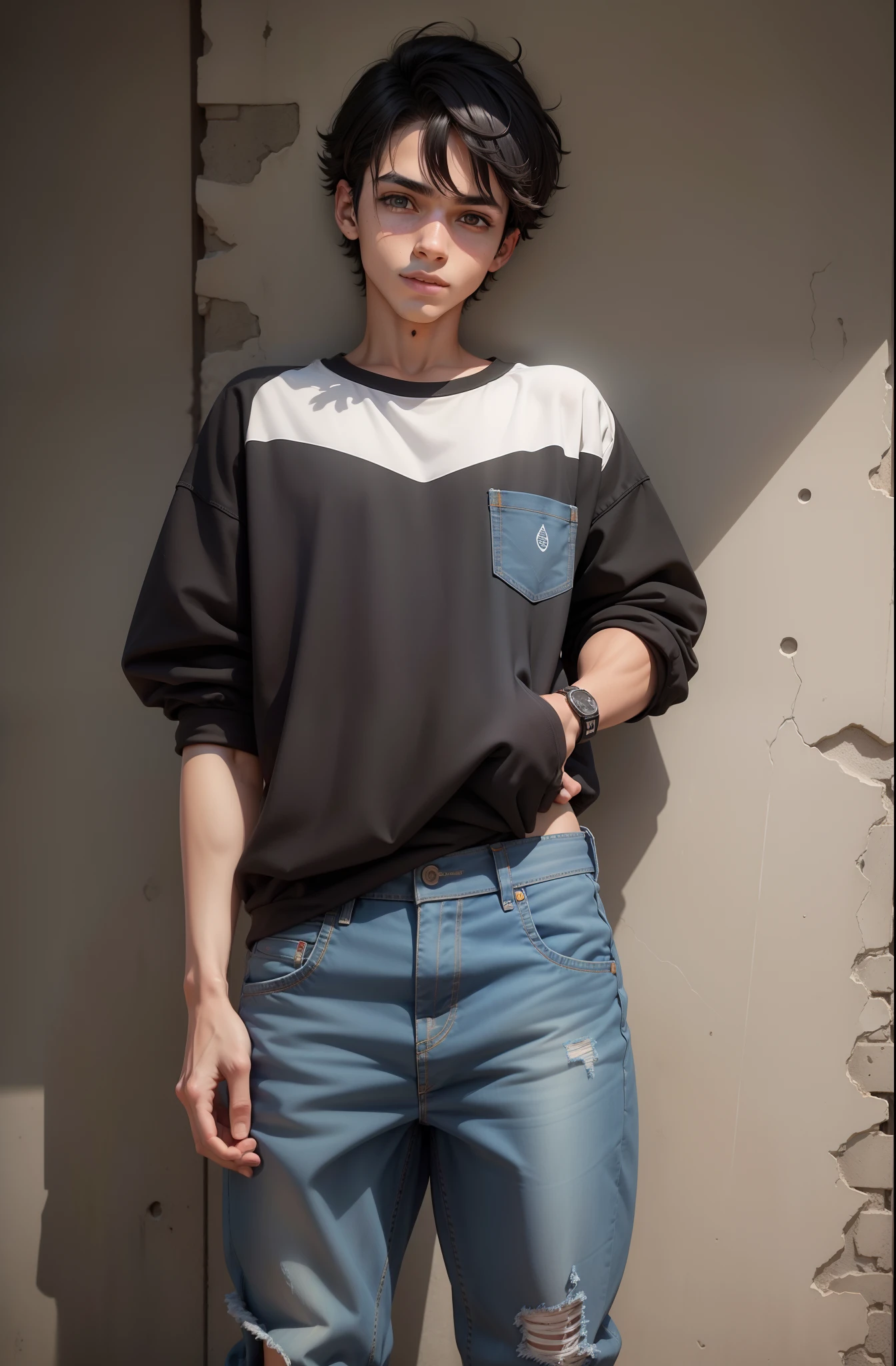 garoto homem adolescente, 15 anos de idade, loiro, olhos castanhos, cabelo desgrenhado, cabelo grande, roupas largas, sorriso no rosto, arte realista, realista, camisa preta, Denim Jeans Pants, corpo inteiro, ultra detalhado, anatomia detalhada, tenis all star preto, moletom preto, pale skinned, pele branca, cabelo longo, roupa larga, detailed left hand, moletom inteiramente preto, sem parte branca na roupa, sem partes azuis na roupa, roupa toda preta