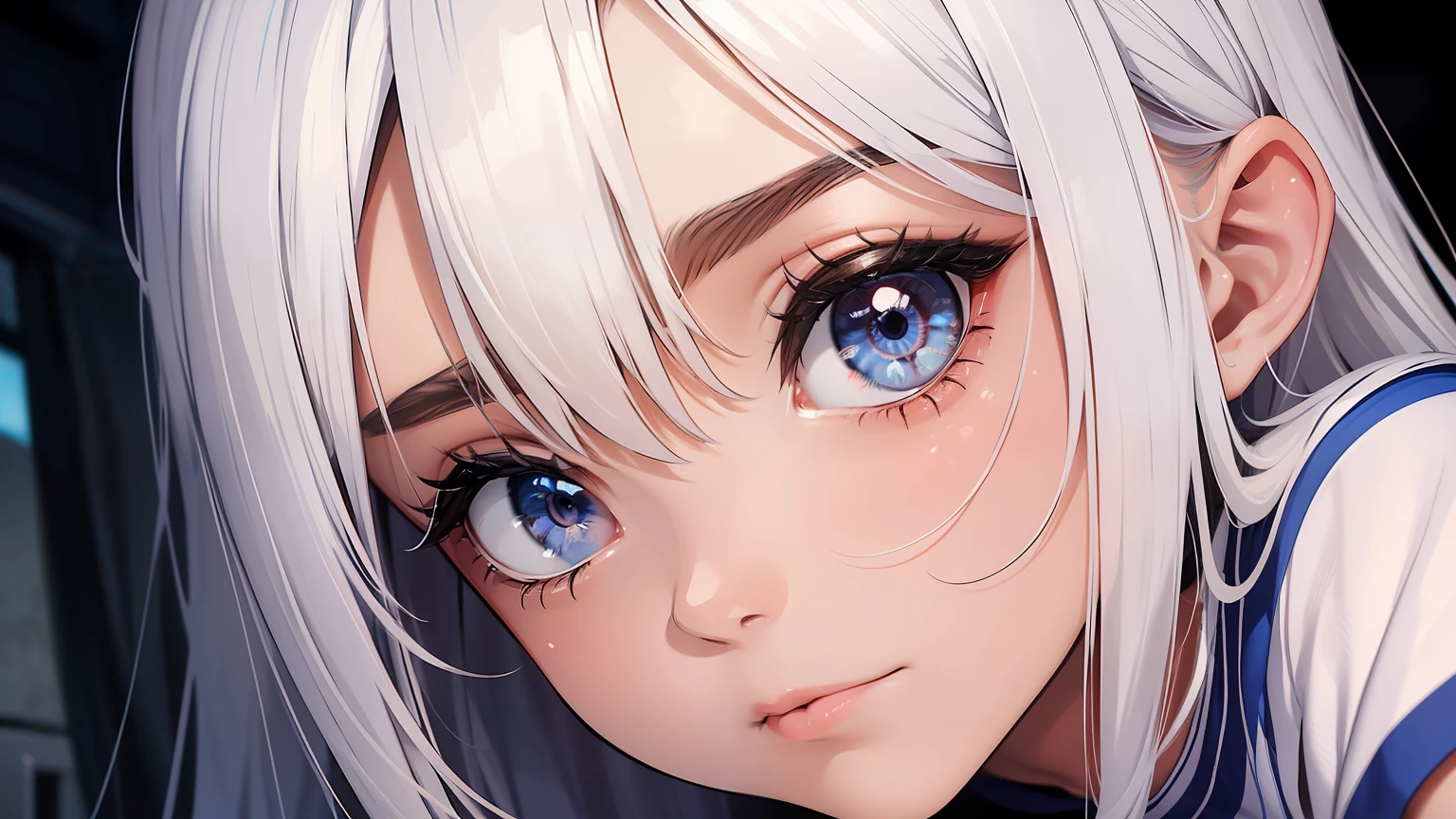 Uma menina rusiana com olhos azuis, olho detalhado, close up nos olhos azuis e camiseta branca.