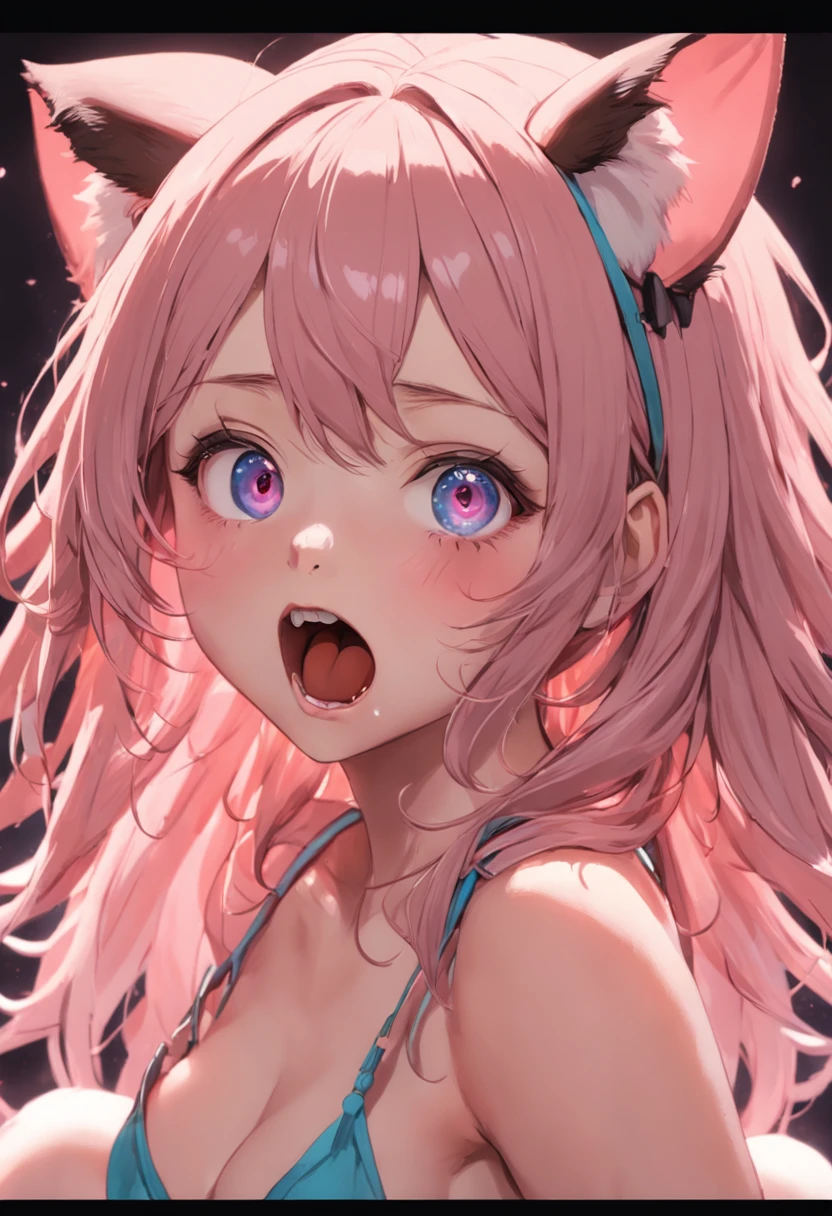 hair bobbles, wince, long eyelasher, solid circle eyes, Fake animal ears, Striped hair, Heart-shaped pupils, Moles under eyes, Open mouth, Shy, Tongue stock, poison fangs, Tongue stock, Light blush, verbal invitation, beret, surrealism, shadowing, anaglyph, stereograms, tachi-e, angle of view, Atmospheric perspective, 8K, Super detail, ccurate, hyper HD, High details, Masterpiece beautiful, Pure, Girl, Student, Perfect body, Whole body diagram, Relatively naked