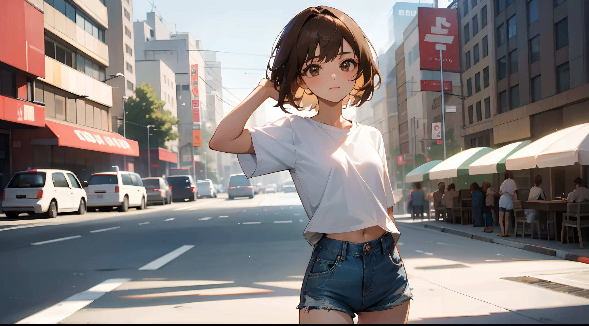 1girl, short brown hair, brown eyes, wearing plain white shirt, denim shorts, city, absurdres, high res, ultrasharp, 8K, masterpiece, looking at viewer