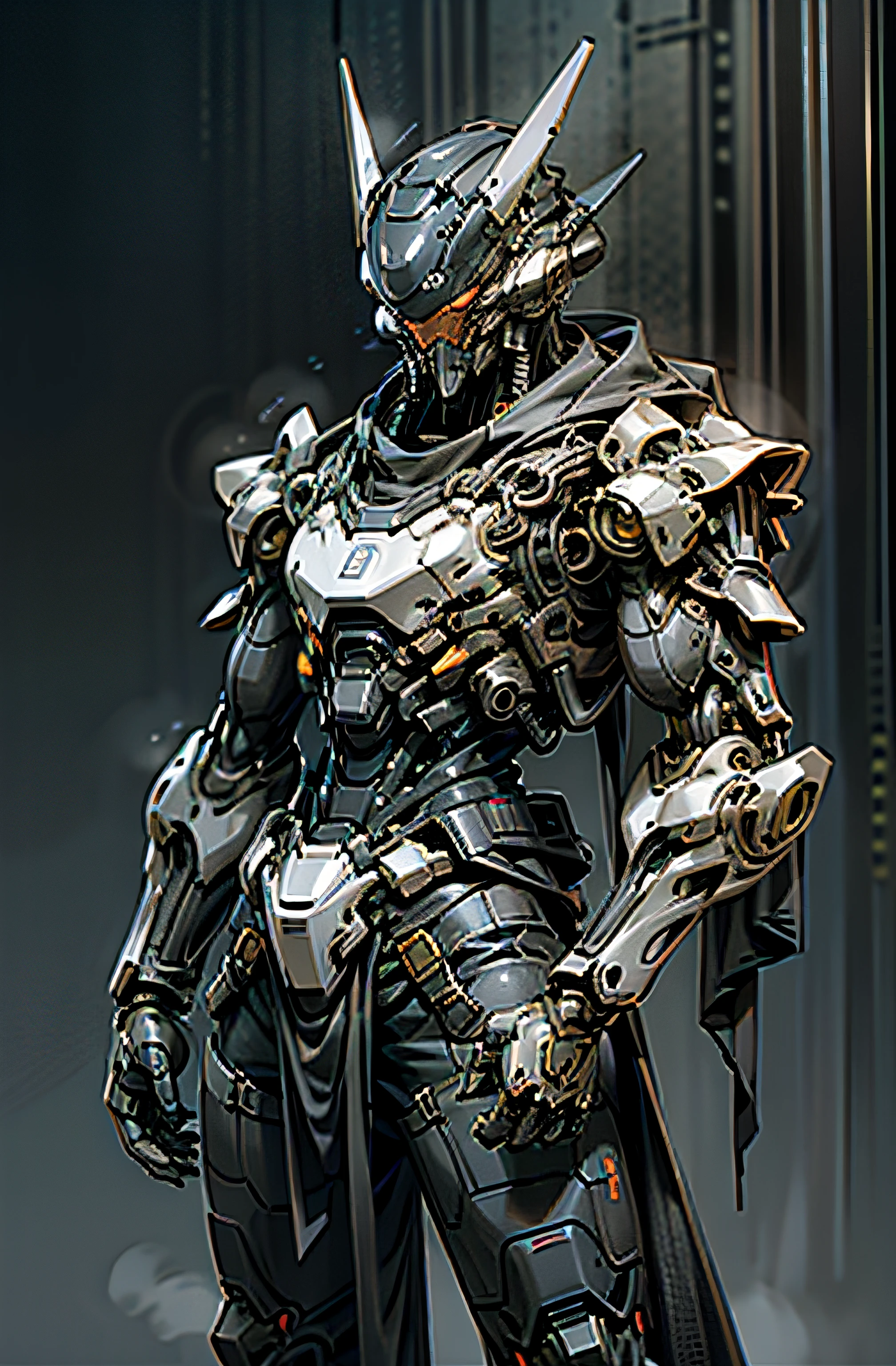 Dark_Fantasy,Cyberpunk,1manMechanical marvel,Robotic presence,Cybernetic guardian, samurai mechanical armour, katana on the waist, absolutely stunning art,wearing a black cloak, highest quality art, highest resolution, hyper detailed,black and red, futuristic, samurai robot, atmospheric,8k,64k, HD, unparalleled masterpiece, dynamic lighting, cinematic, epic