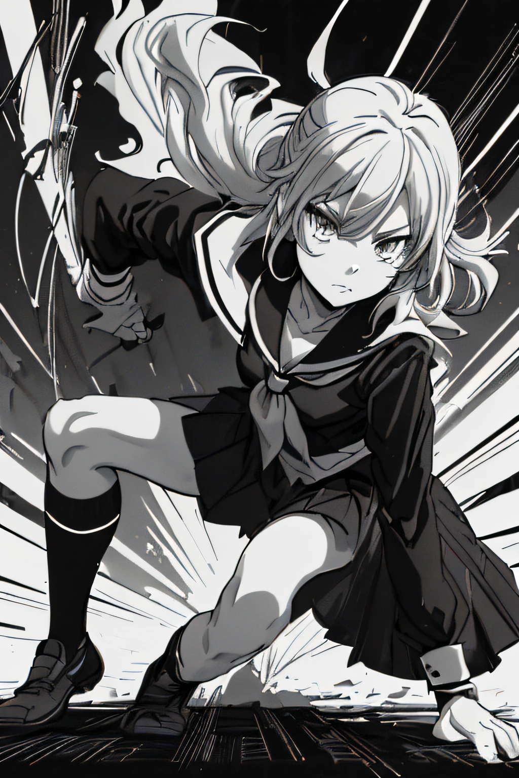 (Comic Noir Style),(linear art_Anime),(black-and-white_High contrast),(masutepiece, Best Quality, ),(Loravard Photos:1.2),(Lora Add Details:1.2),8K, Flat color:1.2,1girl in,hi-school girl、school background、actionpose