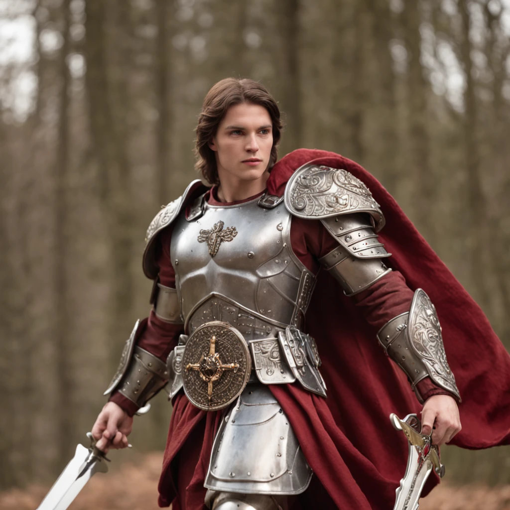 Mighty Archangel Michael, brown hair, gray armor, dark wings, red cloak, holds his mighty sword and glows with its power
