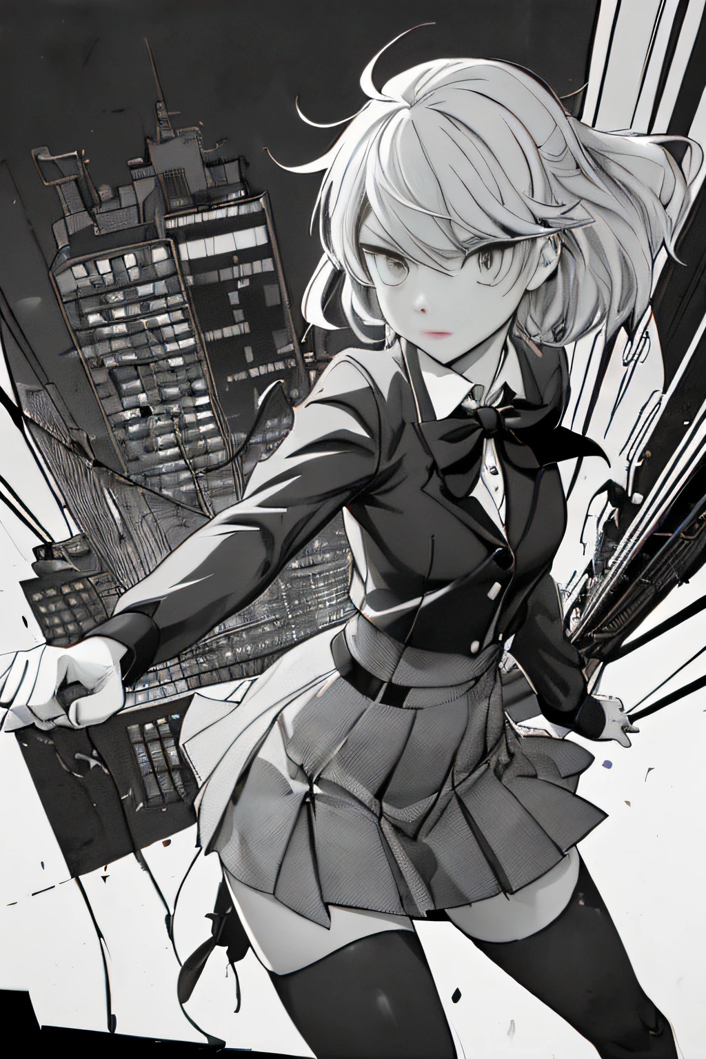 (Comic Noir Style),(linear art_Anime),(black-and-white_High contrast),(masutepiece, Best Quality, ),(Loravard Photos:1.2),(Lora Add Details:1.2),8K, Flat color:1.2,1girl in,hi-school girl、school  background、actionpose