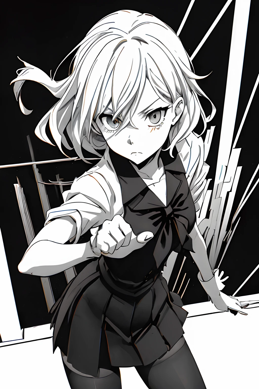 (Comic Noir Style),(linear art_Anime),(black-and-white_High contrast),(masutepiece, Best Quality, ),(Loravard Photos:1.2),(Lora Add Details:1.2),8K, Flat color:1.2,1girl in,hi-school girl、school  background、actionpose