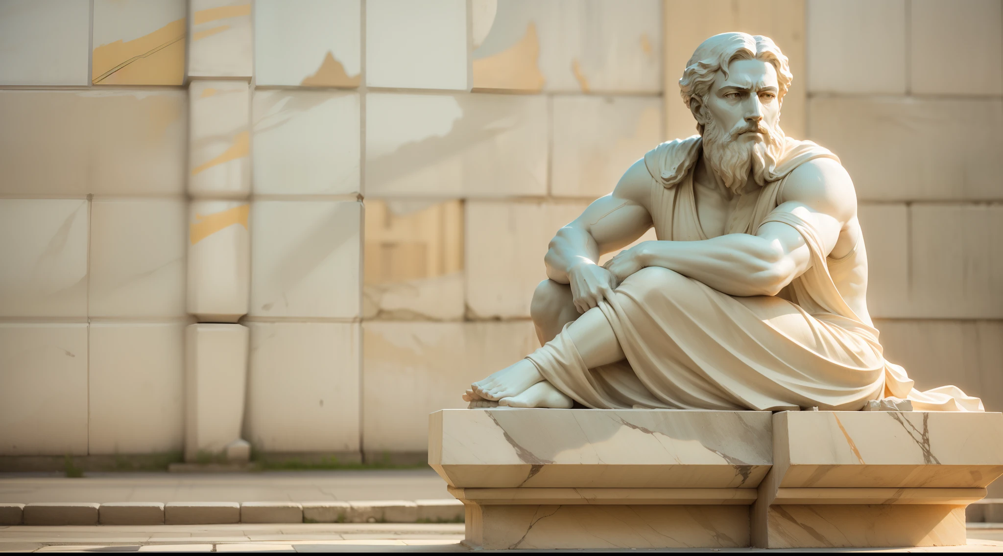 Arafed statue of a man sitting on a bench in front of a building, divino e estoico, Estoicismo, estoico and calm, stoic, Stoic attitude, Pose estoica, eStoic face, philosophical, philosopher, classical statue, Marble statues, eStoic facial expression, an ancient greek statue, greco roman statue