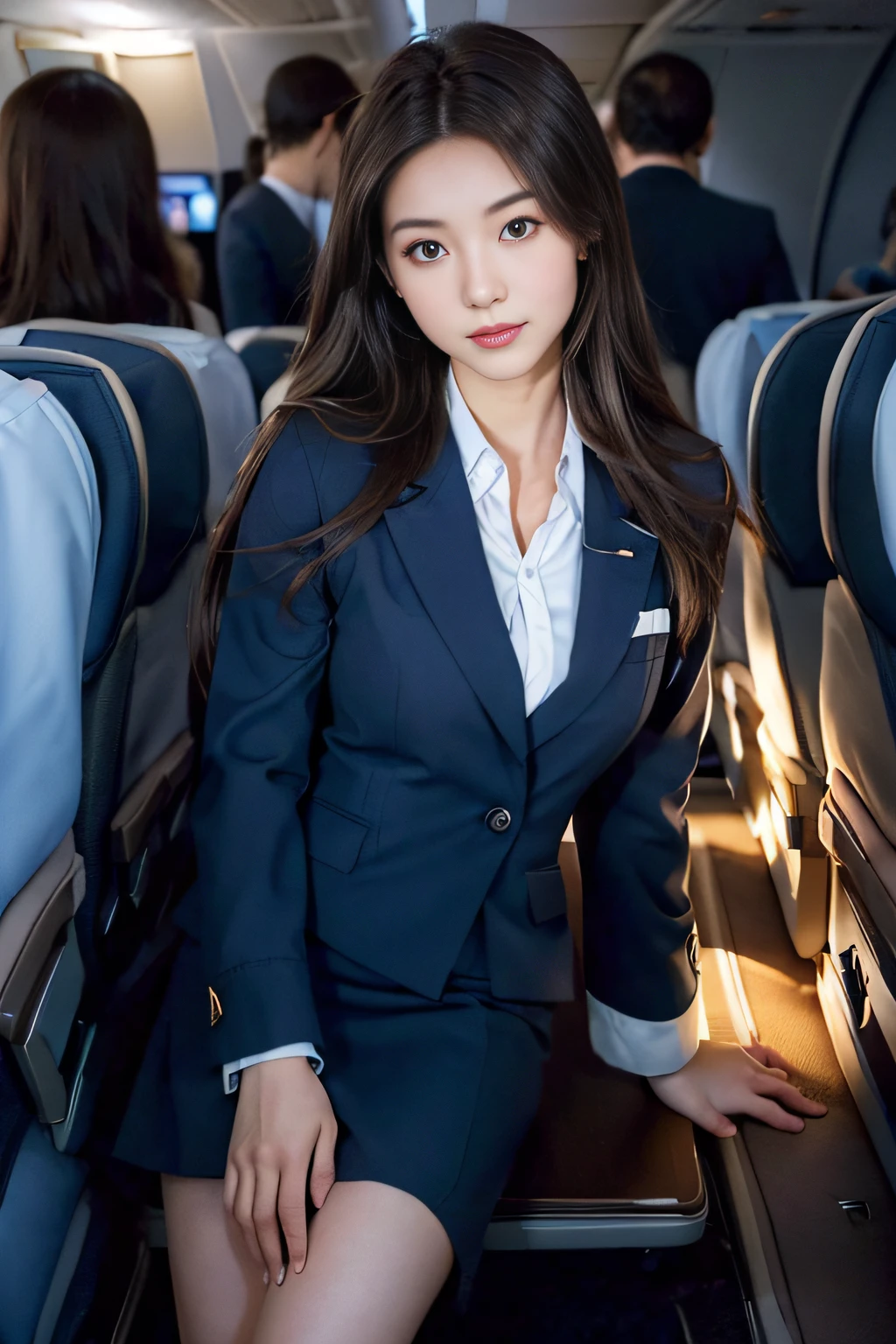 (On one screen:1.2)、1 female、(super beautiful)、(beautiful face:2)、(detailed face:1.5)、(fine eyes:1.1)、(detailed lips:1.1)、(detailed nose:1.1)、flight attendant、(cabin attendant uniform:1.4)、(Tailored jacket:1.2)、(navy blue mini skirt:1.2)、dark makeup、sit in the passenger seat of an airplane、Spread her legs、show me your white panties、highest quality、High resolution、Super detailed、masterpiece、(Live shooting:1.5)、genuine:1.5、photogenuineistic:1.5、very delicate and beautiful、small details、(At SFW)