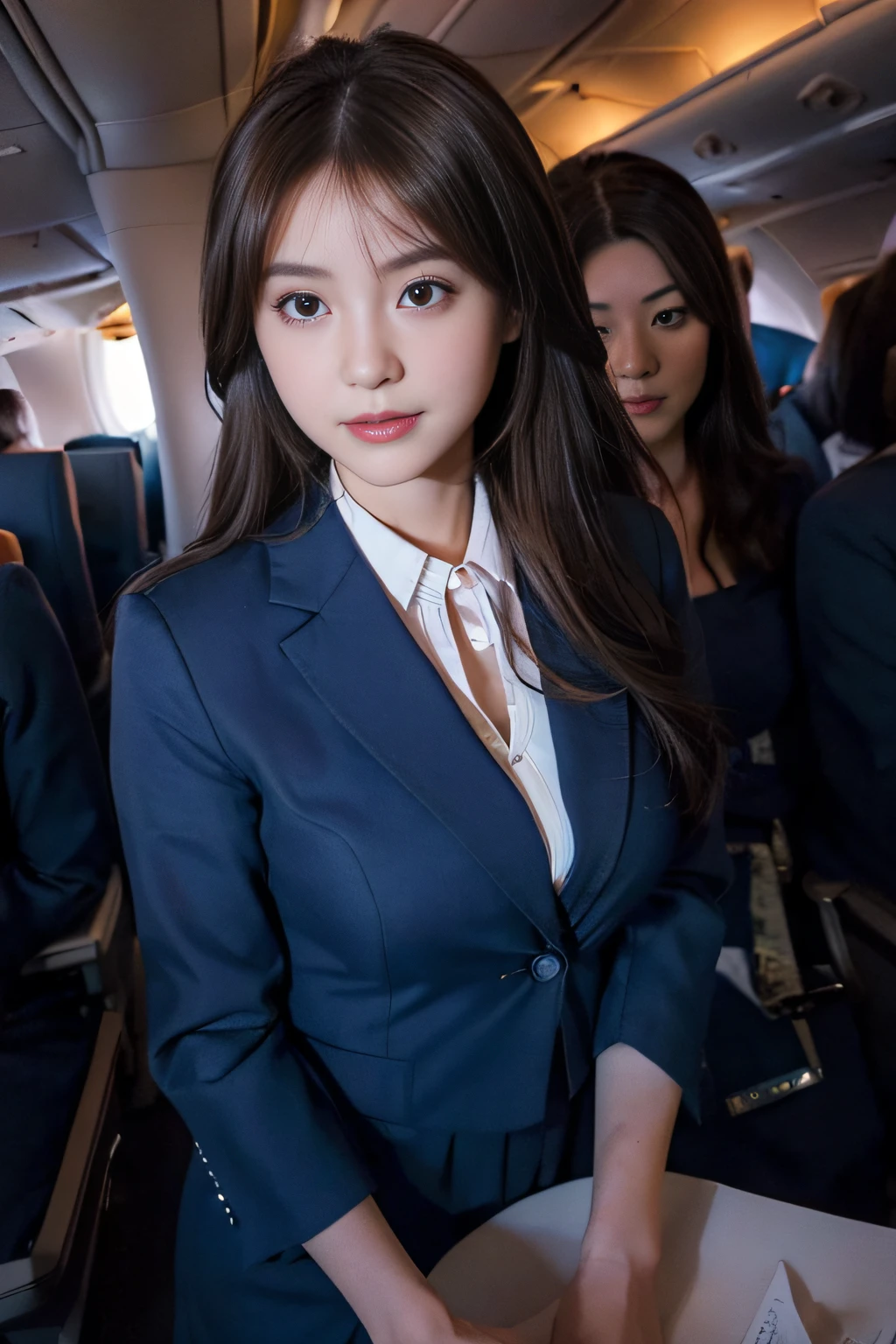 ((beatiful japanse girl:1.3)) ((flight attendant:1.4)) ((in the airplane:1.3))   ((thin_fabric:1.4))  (( breasts)) ((close-up:1.2)) best quality,masterpiece,ultra high res,(photorealistic:1.4),raw photo,(Authentic skin texture:1.3),(film grain:1.3),panorama,character portrait,very wide shot,narrow waist,cowboy shot,(in the dark, deep shadow, low key, cold light,) night,(()),streaming tears,,dust,Tyndall effect,(expression),1girl,beautiful detailed eyes and face,white jabot,brown eyes,((brown hair:1.2)) ((full body:1.3))  ((long hair:1.2)) ((smile:1.3)) ((standing:1.2)) ((dark blue skirt suit:1.2)) ((skirf around neck))