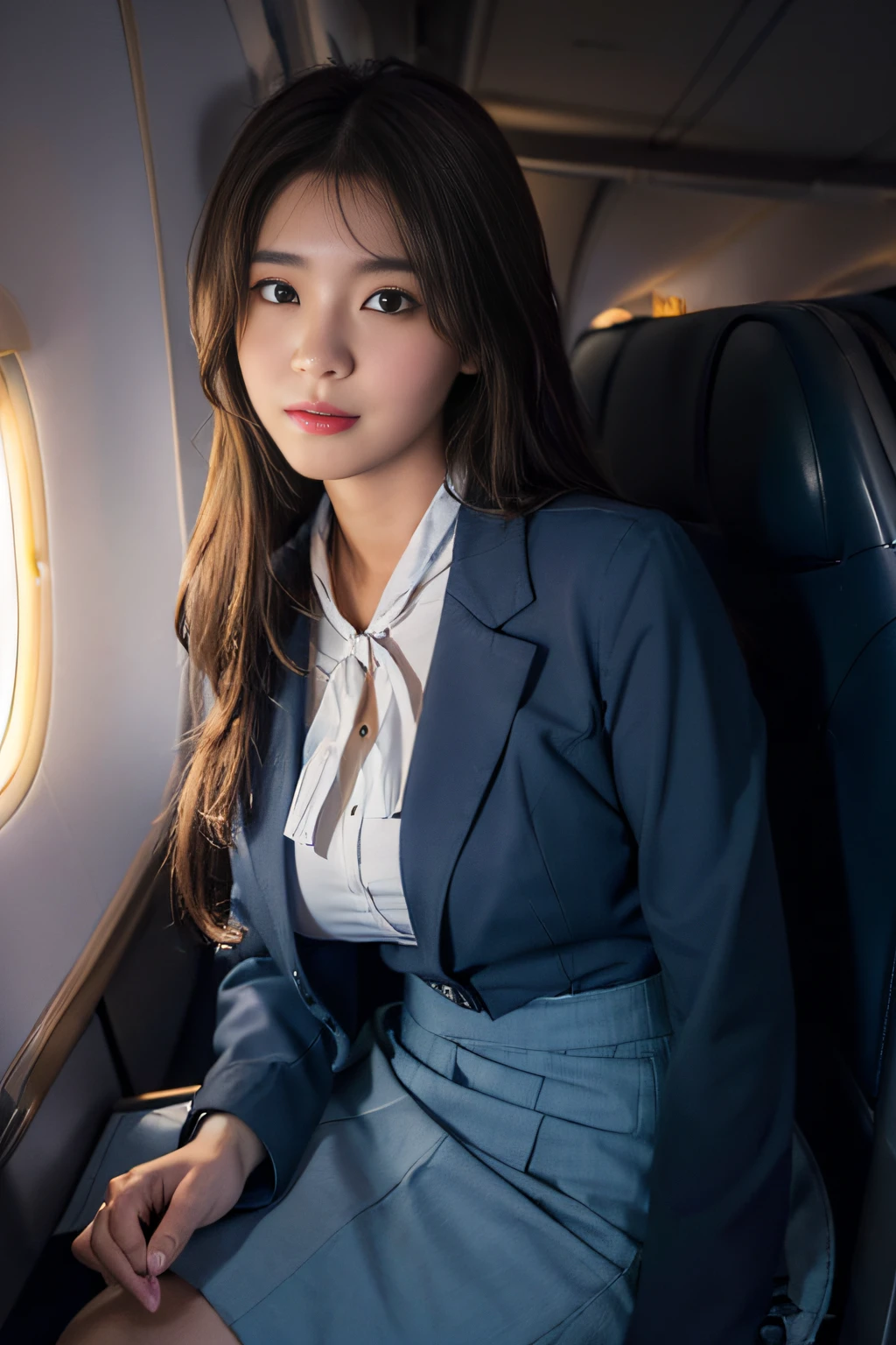 ((beatiful japanse girl:1.3)) ((flight attendant:1.4)) ((in the airplane:1.3)) ((thin_fabric:1.4)) (( breasts)) ((close-up:1.3)) best quality,masterpiece,ultra high res,(photorealistic:1.4),raw photo,(Authentic skin texture:1.3),(film grain:1.3),panorama,character portrait,very wide shot,narrow waist,cowboy shot,(in the dark, deep shadow, low key, cold light,) night,(()),streaming tears,,dust,Tyndall effect,(expression),1girl,beautiful detailed eyes and face,white jabot,brown eyes,((brown hair:1.2)) ((full body:1.3)) ((long hair:1.2)) ((smile:1.3)) ((sitting:1.3)) ((dark blue skirt suit:1.3)) ((dark blue suit jacket:1.3)) ((white shirt))
