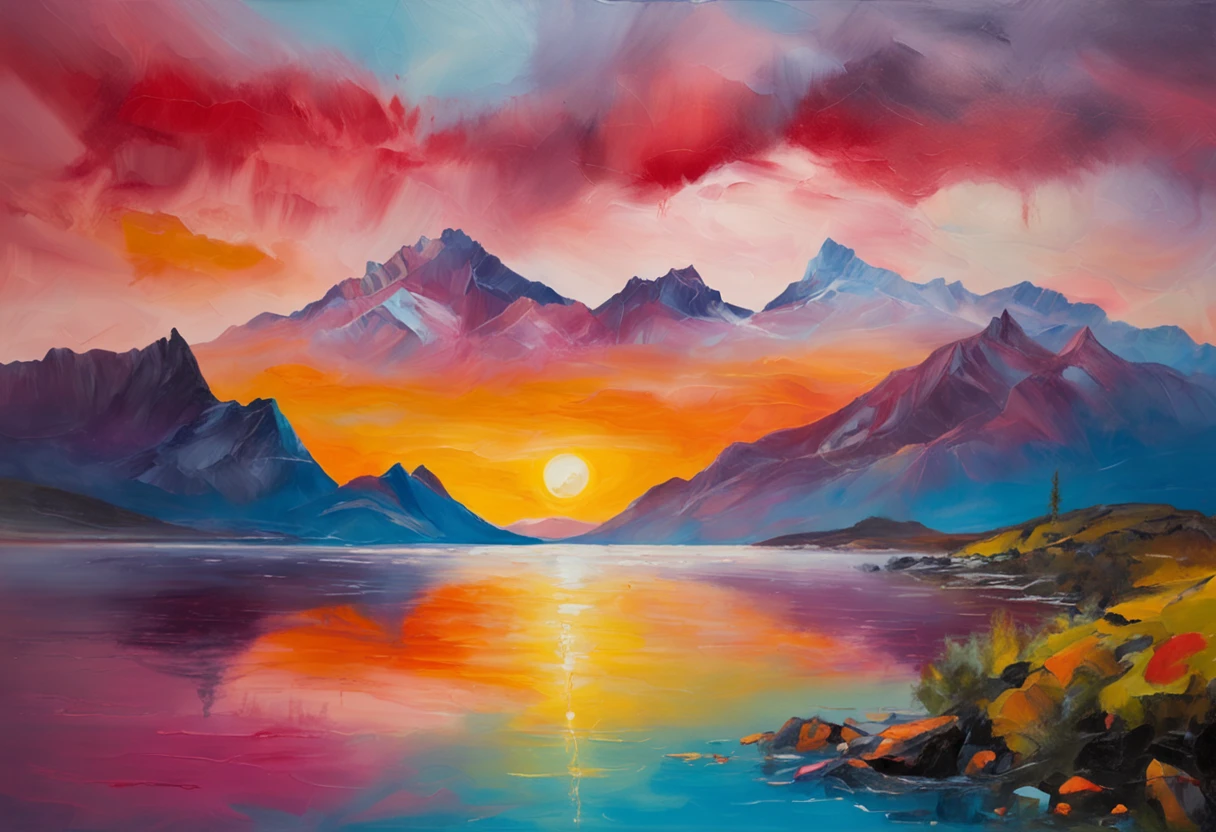 a view of a lake with mountains in the background, patagonian, extraordinary colorful landscape, epic beautiful landscape, majestic nature scenery, mountains and colorful sunset!!, dramatic mountains in background, spectacular mountains, chile, epic and stunning, incredibly beautiful, natural landscape beauty, an amazing landscape image, fantastic landscape, majestic landscape, dramatic mountain background, beautiful scenic landscape, amazing landscape, sunset, glowing lens flares, red theme, red tones
