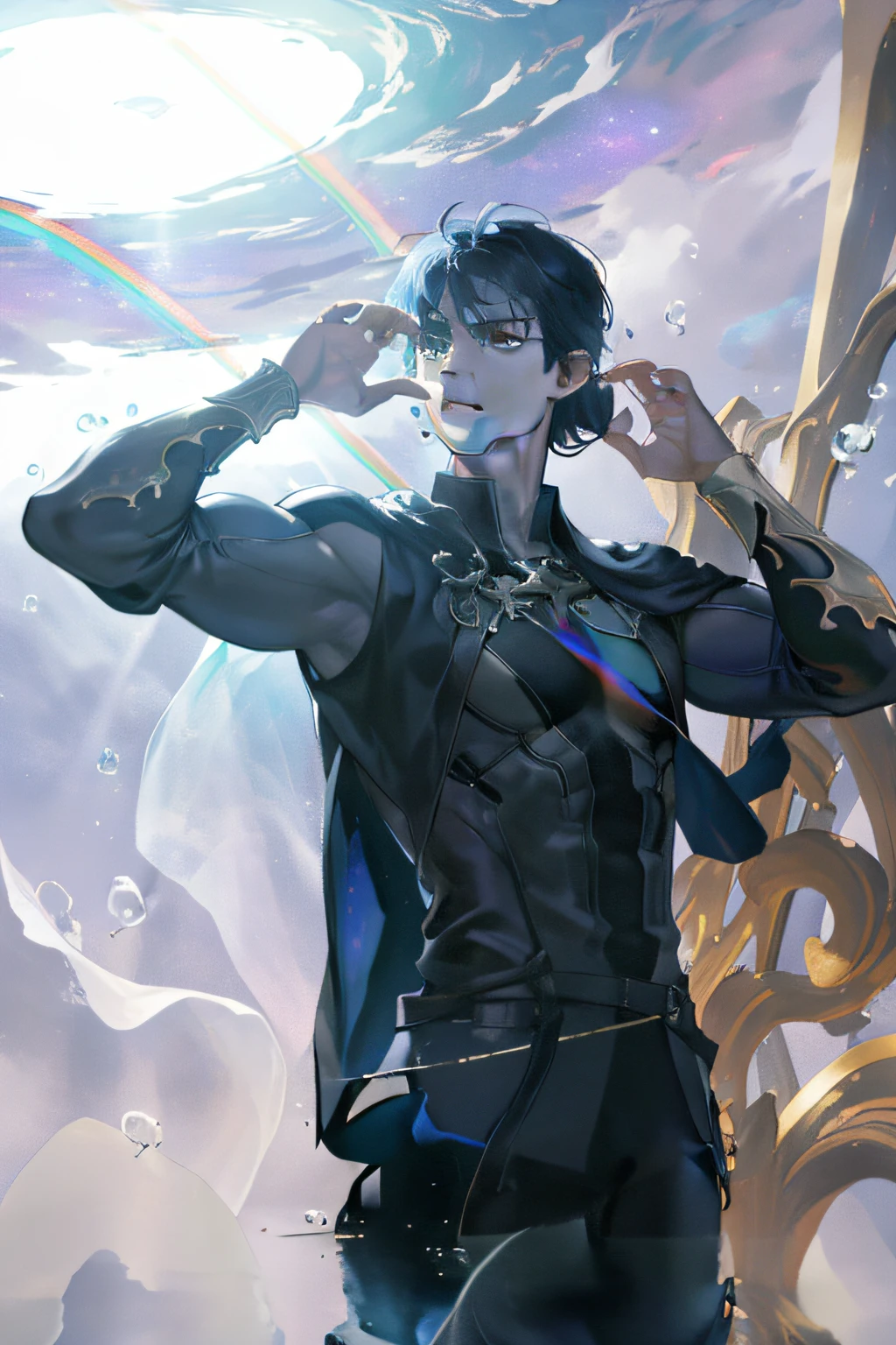 masterpiece, best quality, 1 male, adult, mature, tall muscular guy, Dark theme, Magic circle, bubble, rainbow Sunlight, Underwater, Reflected mirror, floating piece of Glass, Rainbow light, Bubble Swirling, wind Swirling, Aurora, fantasy scenery, Starlight around the character, (upper body)