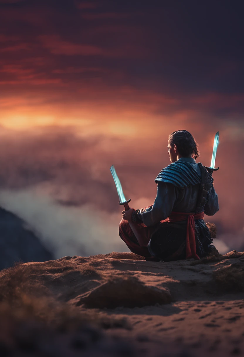 Menino, samurai de 11 anos meditando ao ar livre, cabelo curto, Moonlight scenery and blurry background with fire sword (obra-prima) (8k high resolution) (melhor qualidade) (Ultra Definition) (Ultra realista)(Foto RAW) (Foto realista) (bright illumination) ( olhando para frente)