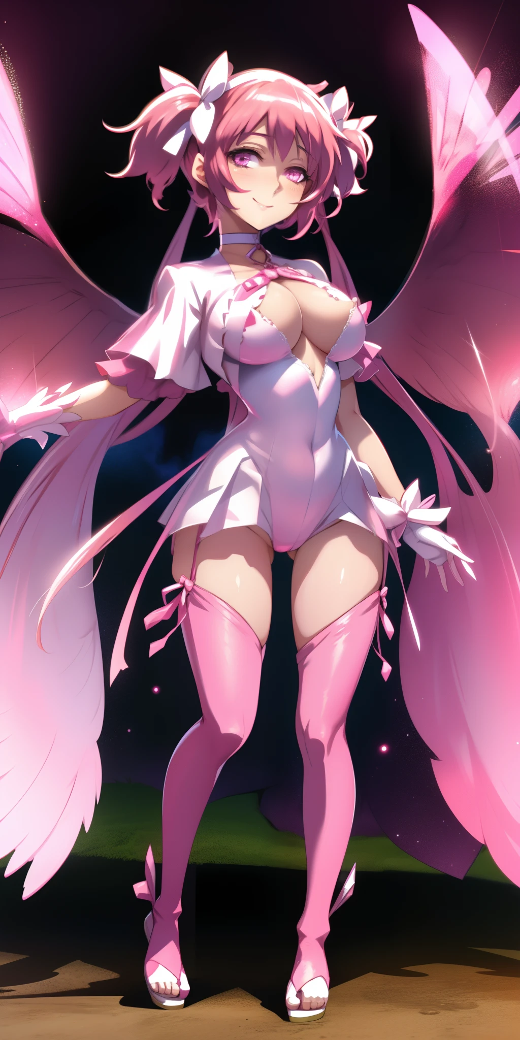 ultima Madoka: 1girl, short_hair, twintails, hair_ribbon, pink_hair, pink_eyes, short_twintails, full body,standing, smile, angel wings, big breast, tall female,pink eyes, flipflops
