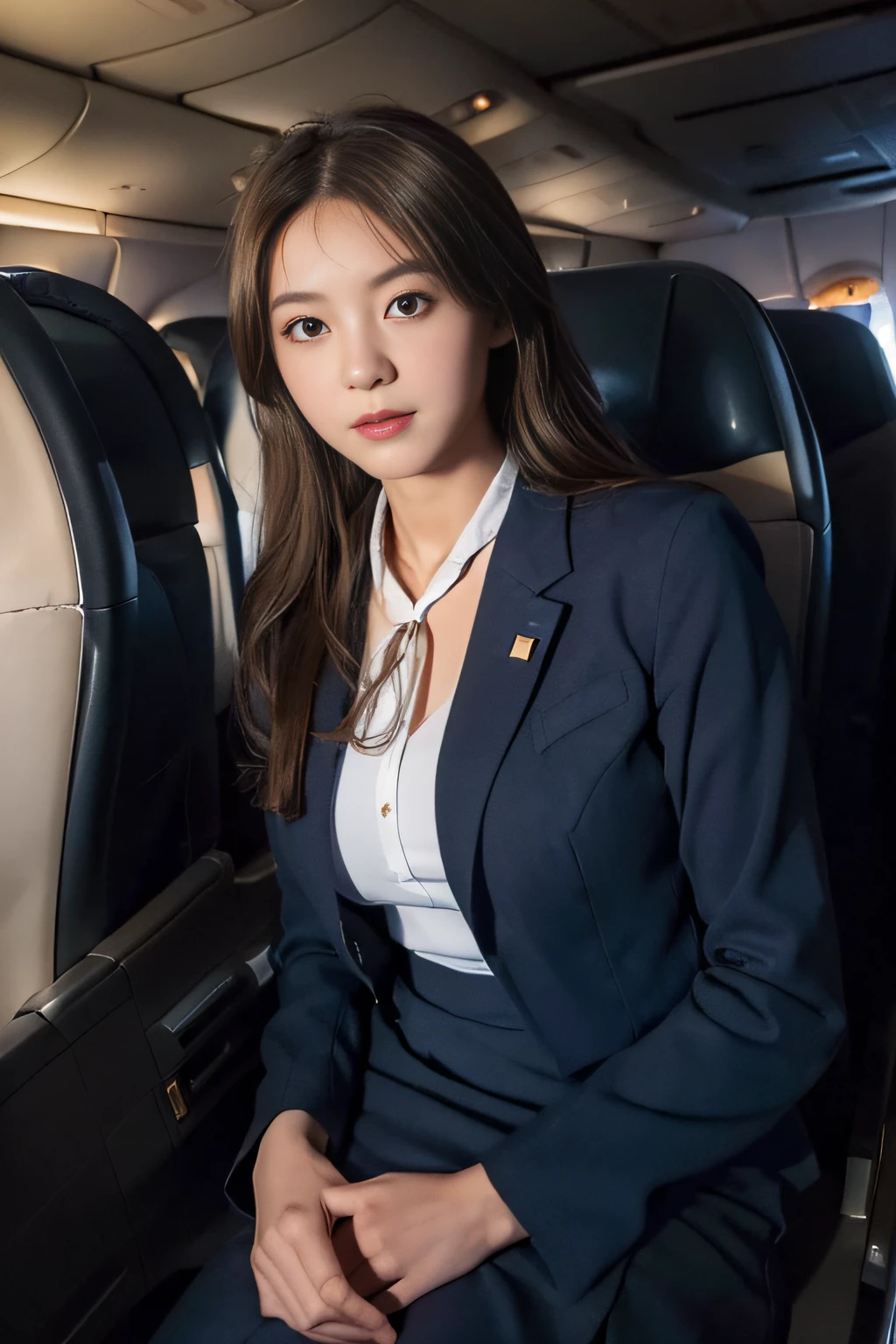 1womanl、(ultra beautiful faces:1.5)、Japan flight attendants、Clear pubic contours,spreads her legs、(Cabin Attendant Uniform)、Brown hair、Black panties、Passenger seat on airplane、At SFW