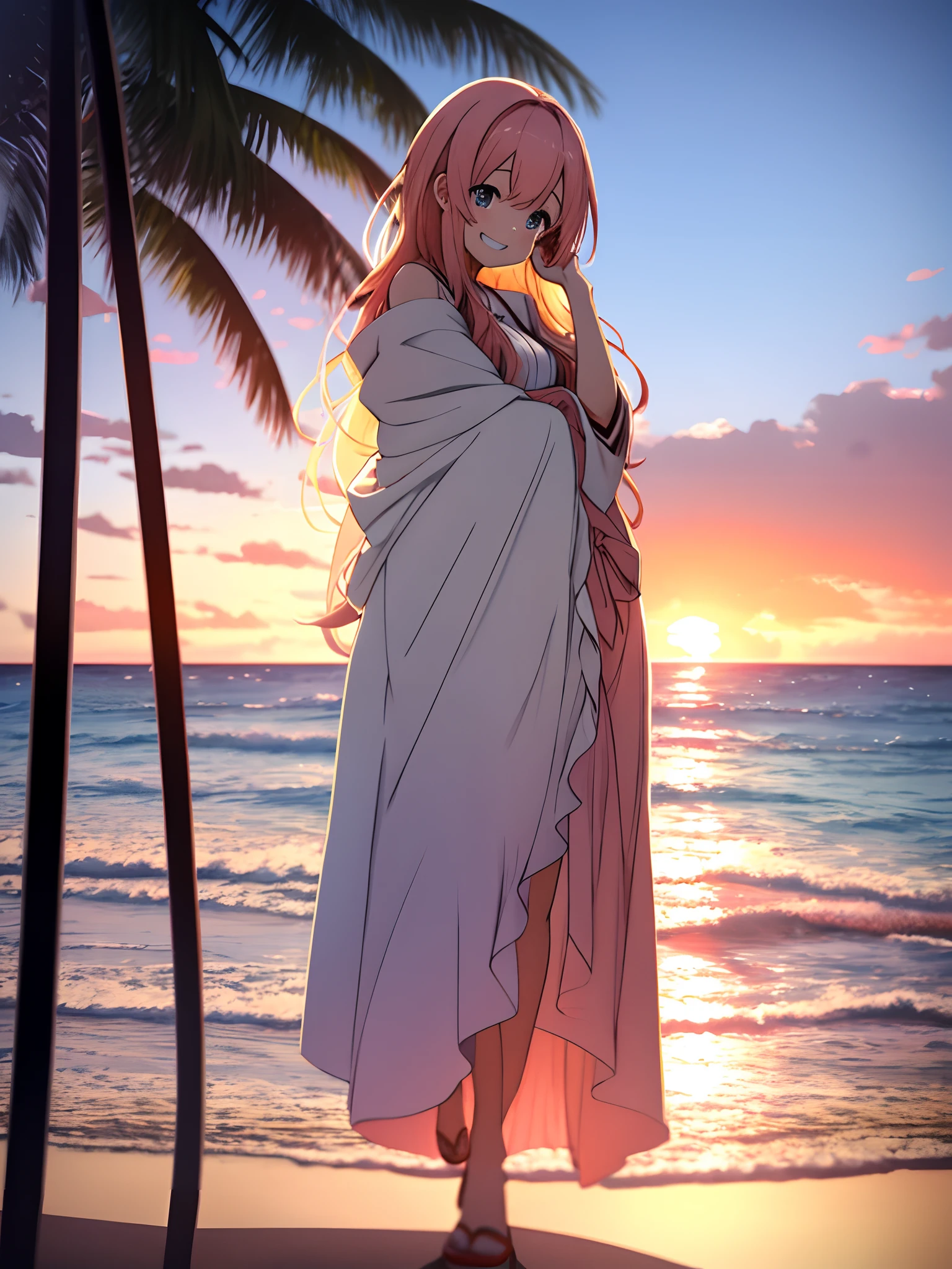 A faraway shot is taken of an anime girl who is sitting on the beach looking at the camera while enjoying sunset with a wide grin on her face. She is wearing a white full length gown. Both her legs are propped up on which she keeps her hand to support the leaning of her head. Bokeh effect. Depth of field. Anatomically correct. SFW. Camera is far away.