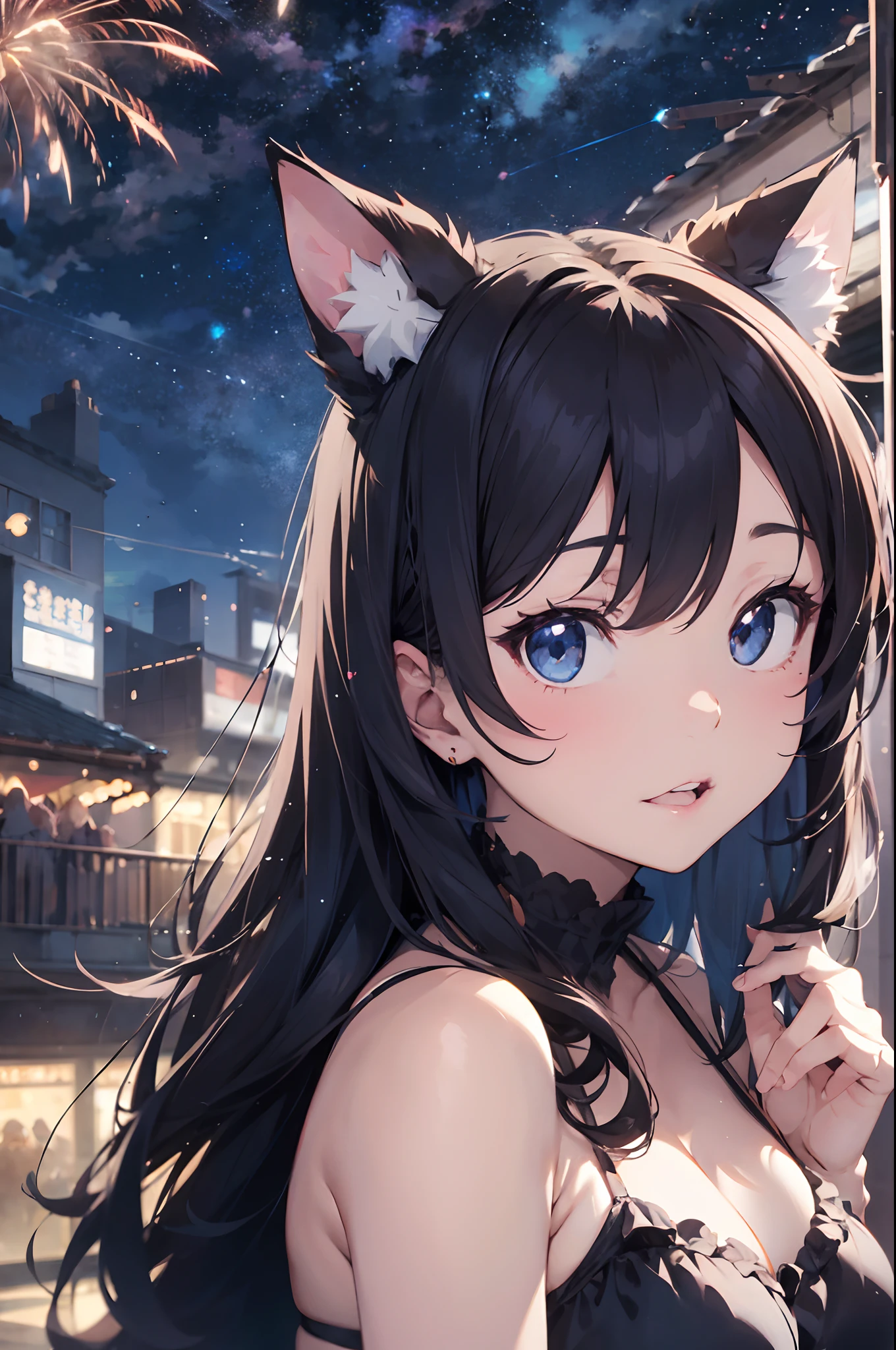 Anime cat-eared girl in bikini with cat ears, shoulder looking, anime drawing by Yang J, pixiv contest winner, serial art, digital anime illustration, kawashi, anime style illustration, anime style 4K, beautiful anime portrait, anime style portrait, anime style artwork, Guweiz style artwork, Anime Illustration, Digital Anime Art, Detailed Digital Anime Art, Beautiful Starry Sky, Fireworks