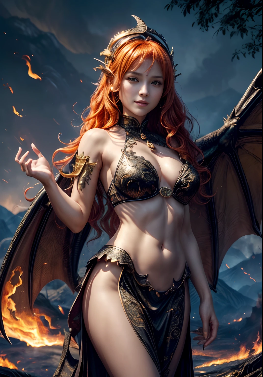 Girl with dragon wings face, looks at the viewer, Behind the back are large wings, Large beautiful wings, ((realisti, photo-realistic: 1.3), Smiling, Rejoices, Extremely refined and beautiful, astounding, finely detail, an intricate, (((dragon, Surrounded by flames, Black Mountains, the trees, magma, the wind, Long wavy body, hiquality, higly detailed, Epic))), particle fx, Dynamic Effects, Surround sound, Clouds, Sundown, sharp-focus, volumetric fog, 8K Ultra HD, dslr, hiquality, (film grains: 1.4), Fujifilm XT3,official arts, 统一 8k 壁纸, Super detailed, Beautiful and beautiful, beste-Qualit, (s fractal art: 1.4), intrikate, ultra detialed, (skin dentation), woman's, Detailed body, (Detailed Face: 1.1) Meditative Buddha-figure, Absurd long hair, pale golden eyes, looking at the audience, Subtle patterns, gems, a gold, diamonds, thin feathers,,,,,,,surround light, holiness, back light, On the contrary, Girl with horn ornament on her head, Girl with orange hair
