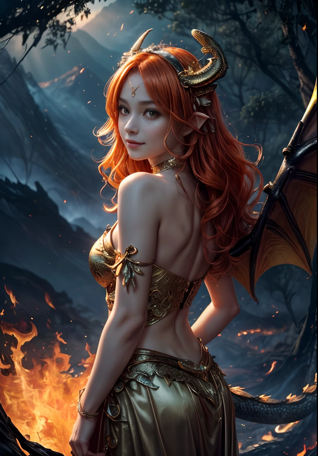 Girl with dragon wings face, looks at the viewer, Behind the back are large wings, Large beautiful wings, ((realisti, photo-realistic: 1.3), Smiling, Rejoices, Extremely refined and beautiful, astounding, finely detail, an intricate, (((dragon, Surrounded by flames, Black Mountains, the trees, magma, the wind, Long wavy body, hiquality, higly detailed, Epic))), particle fx, Dynamic Effects, Surround sound, Clouds, Sundown, sharp-focus, volumetric fog, 8K Ultra HD,  dslr, hiquality, (film grains: 1.4), Fujifilm XT3,official arts, 统一 8k 壁纸, Super detailed, Beautiful and beautiful, beste-Qualit, (s fractal art: 1.4), intrikate, ultra detialed, (skin dentation), woman's, Detailed body, (Detailed Face: 1.1) Meditative Buddha-figure, Absurd long hair, pale golden eyes, looking at the audience, Subtle patterns, gems, a gold, diamonds, thin feathers,,,,,,,surround light, holiness, back light, On the contrary, Girl with horn ornament on her head, Girl with orange hair