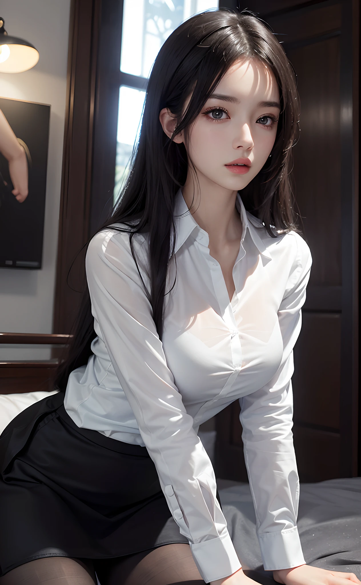 ((Best quality, 8k, Masterpiece :1.1)), Sharp focus :1.2, A Pretty Girl with perfect figure :1.4, Slender abs :1.2, ((Layered long hair, Big breasts :1.2)), (White tight shirt :1.3), office wear, very short black skirt (Sultry) ((Aroused: 1.5)), night: 1.5, (Black pantyhose), Open shirt show , Rain :1.5, Park Street:1.3, Highly detailed face and skin texture, Detailed eyes, Double eyelid