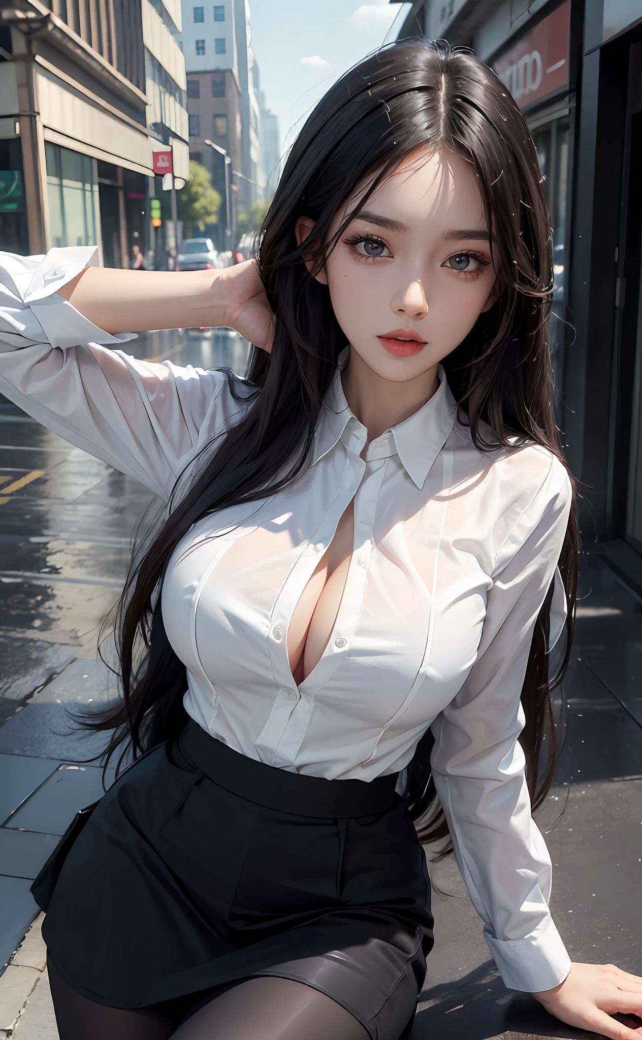 ((Best quality, 8k, Masterpiece :1.1)), Sharp focus :1.2, A Pretty Girl with perfect figure :1.4, Slender abs :1.2, ((Layered long hair, Big breasts :1.2)), (White tight shirt :1.3), office wear, very short black skirt (Sultry) ((Aroused: 1.5)), night: 1.5, (Black pantyhose), Open shirt show , Rain :1.5, Park Street:1.3, Highly detailed face and skin texture, Detailed eyes, Double eyelid